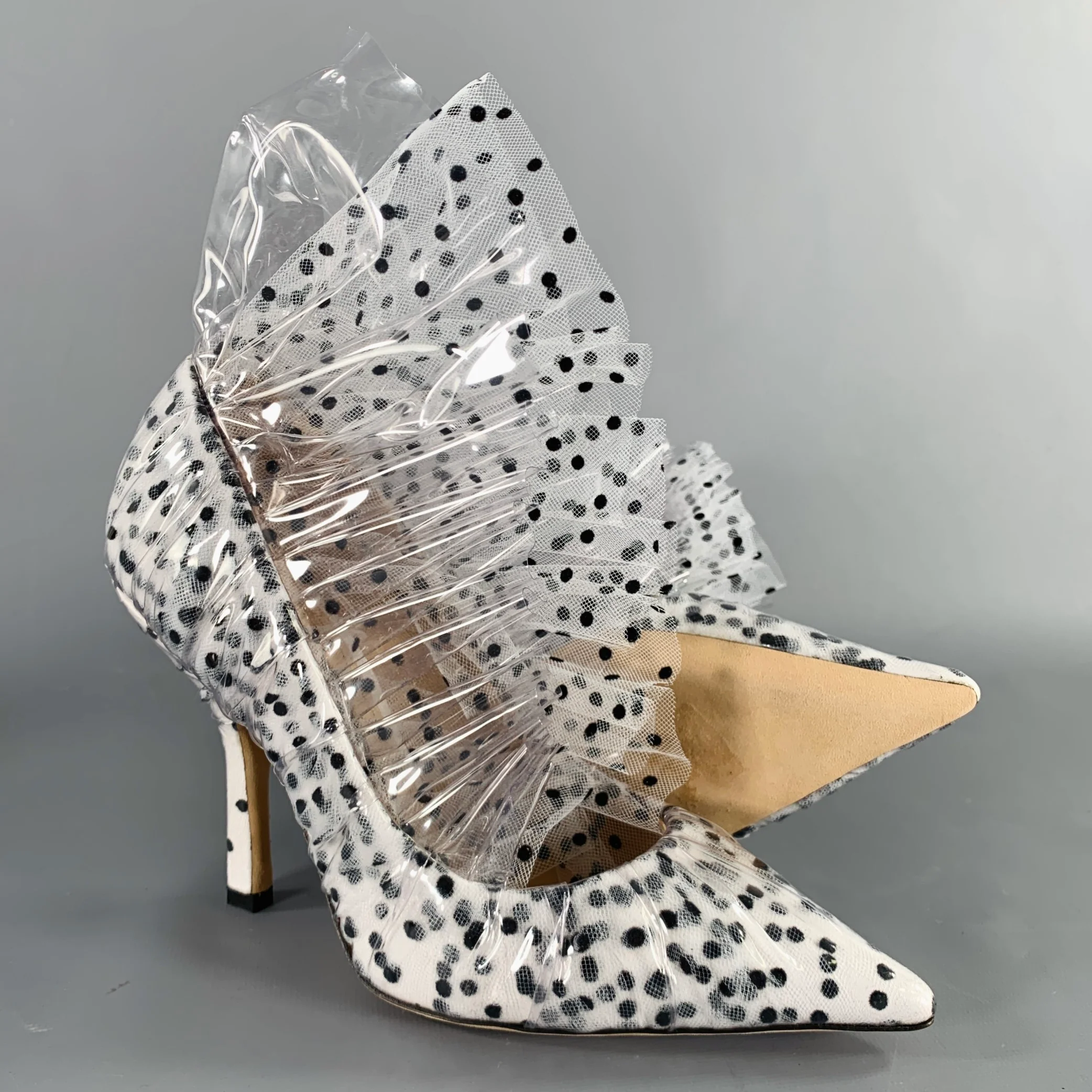 MIDNIGHT 00 Size 7.5 White Black Tulle Polka Dot Leather Trim Stiletto Heels Pumps - Image 5