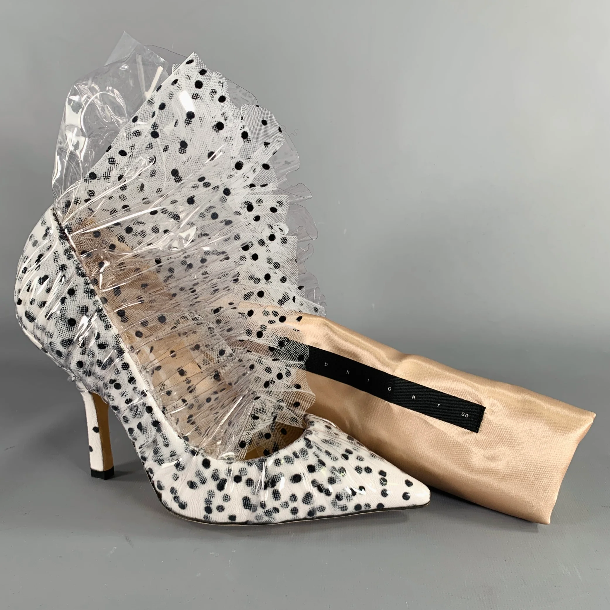 MIDNIGHT 00 Size 7.5 White Black Tulle Polka Dot Leather Trim Stiletto Heels Pumps - Image 9
