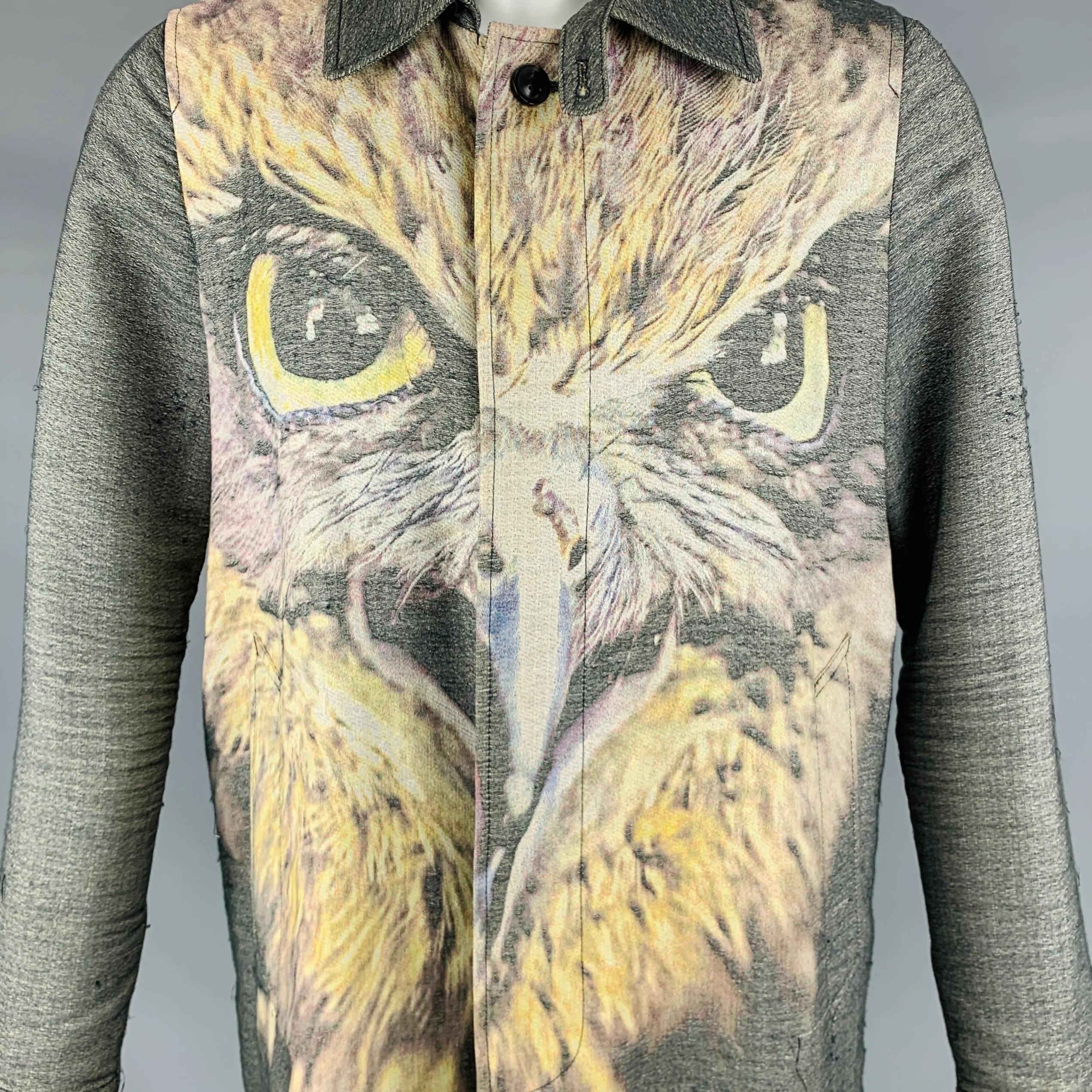 MIHARAYASUHIRO Size 36 Grey Yellow Owl Print Cotton Coat - Image 2