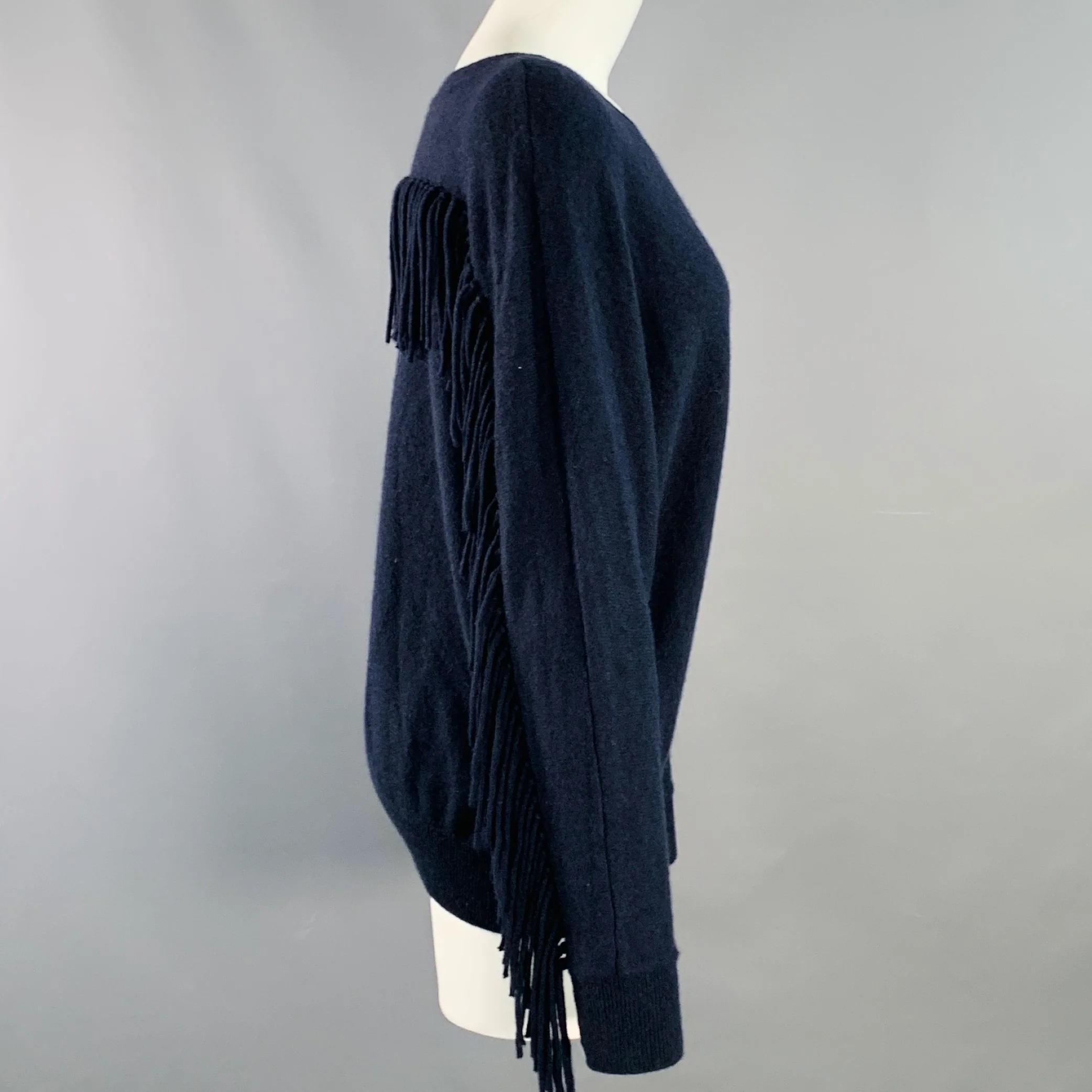 MINNIE ROSE Size M Navy Cashmere Fringe Crew Neck Pullover - Image 2