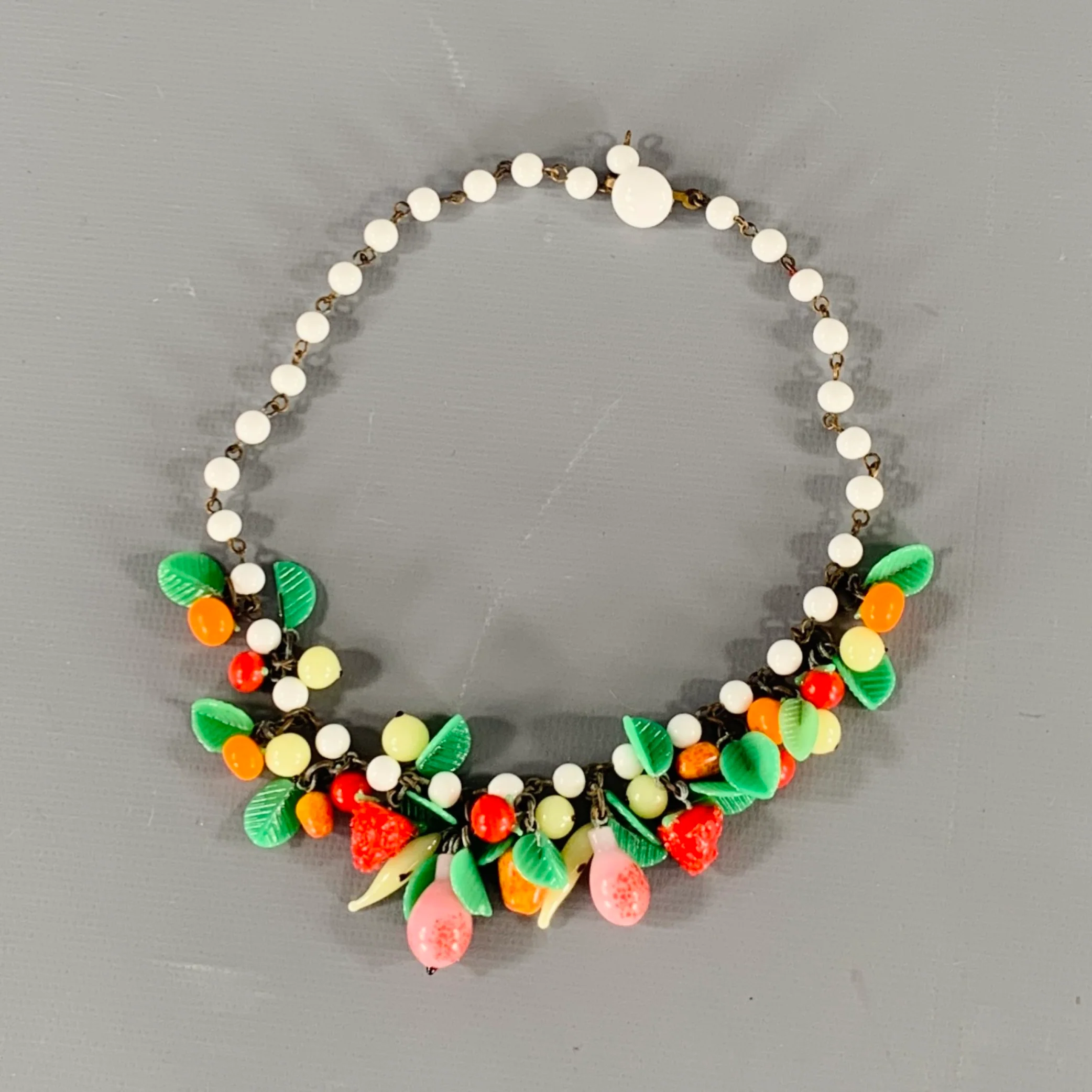 MIRIAM HASKELL 1920s White Multi Color Fruit Beaded Art Deco Choker Necklace