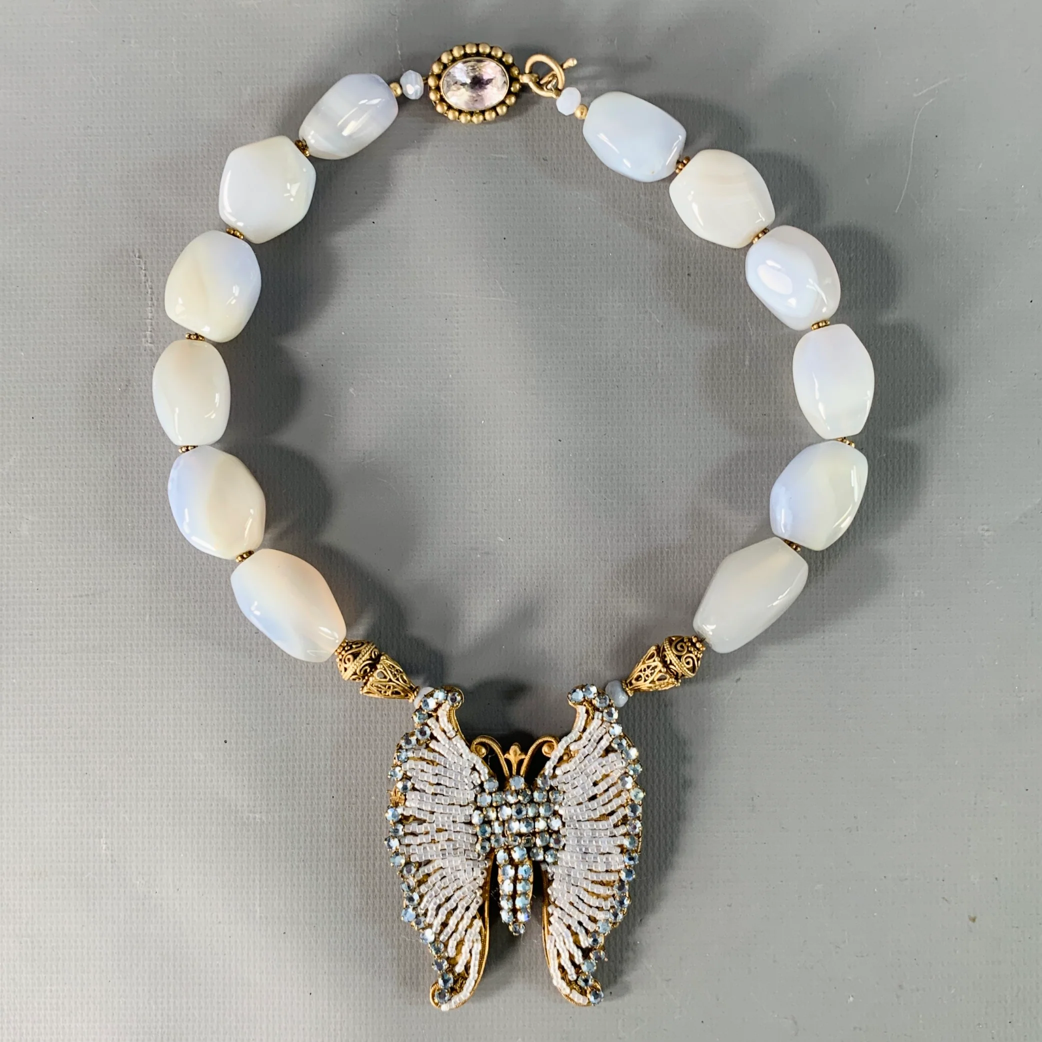 MIRIAM HASKELL Vintage Blue Gold Butterfly Beads Pendant Necklace