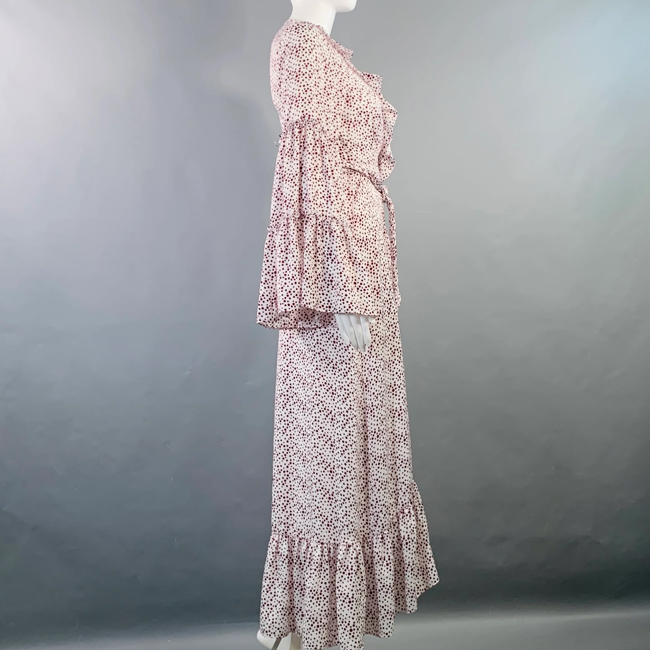 MISA Size XS White Burgundy Viscose Dots Ruffle Wrap Dress - Image 3