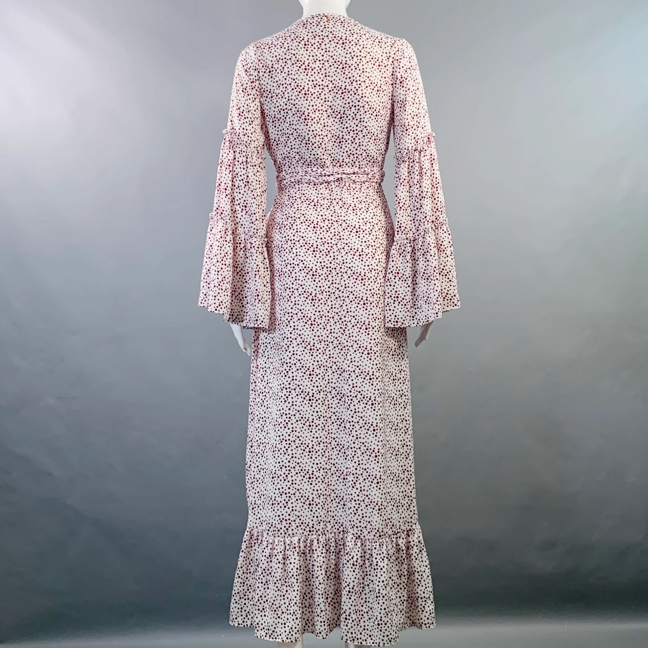 MISA Size XS White Burgundy Viscose Dots Ruffle Wrap Dress - Image 4