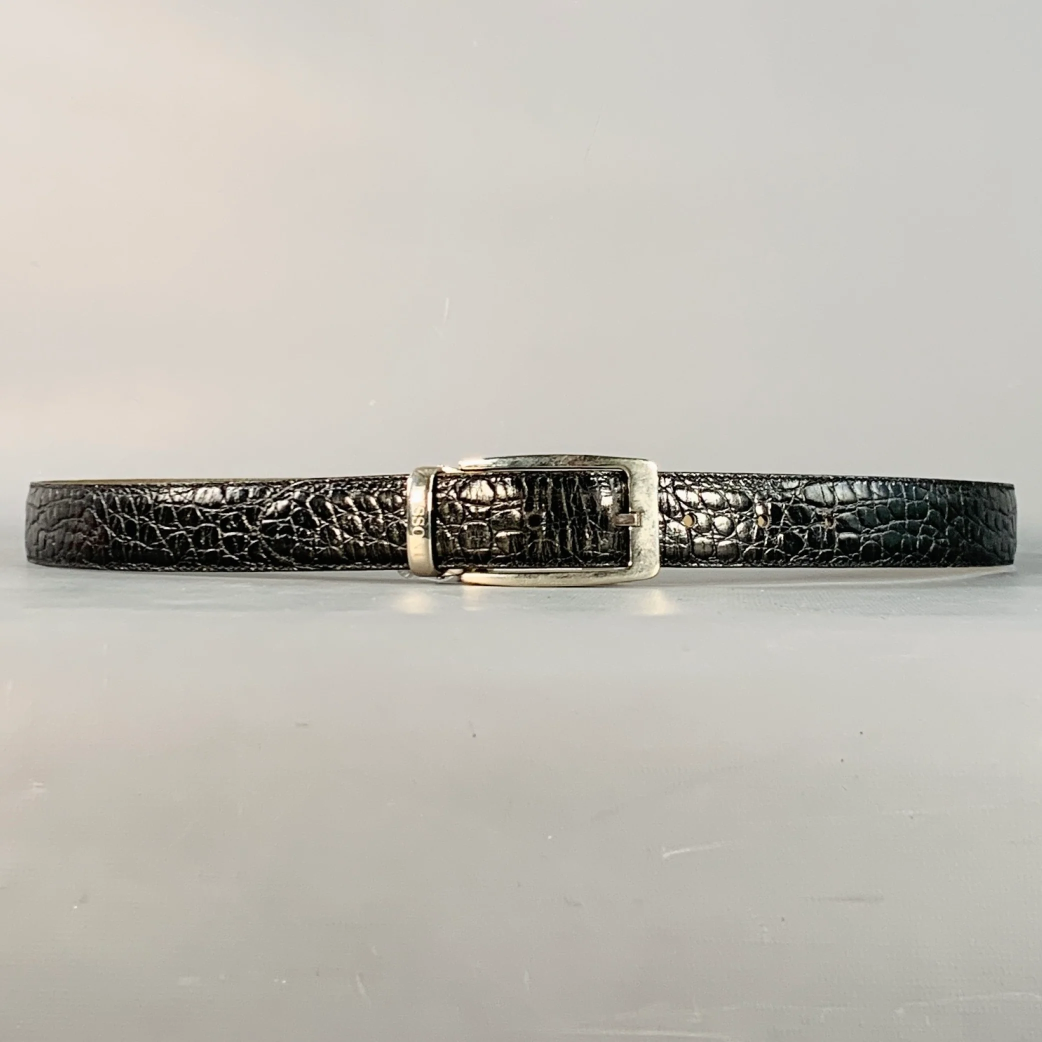 MISSONI Size 43 Black Silver Embossed Leather Belt