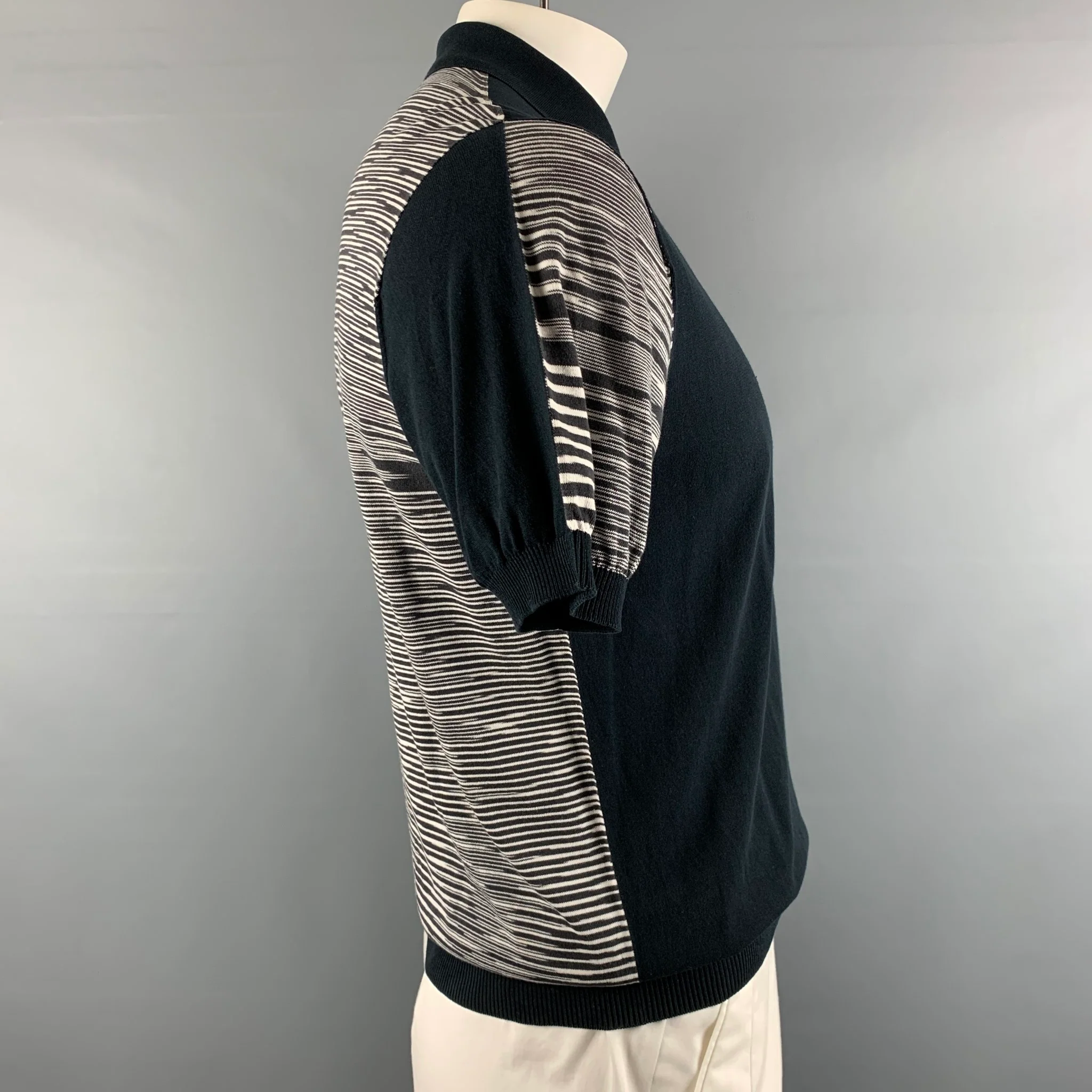 MISSONI Size L Black White Stripe Cotton Polo - Image 2