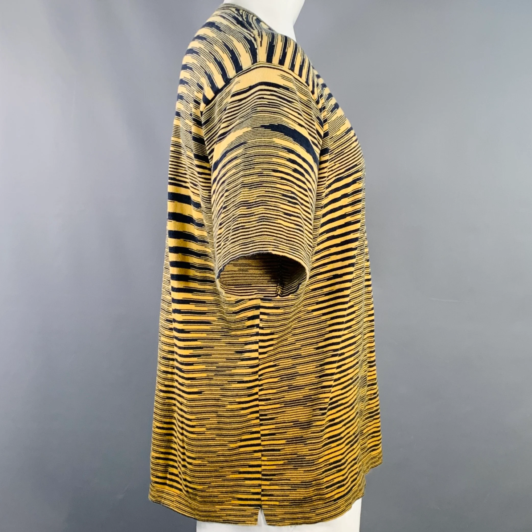 MISSONI Size XL Yellow Navy Stripe Cotton Knit Crew Neck T-Shirt - Image 2