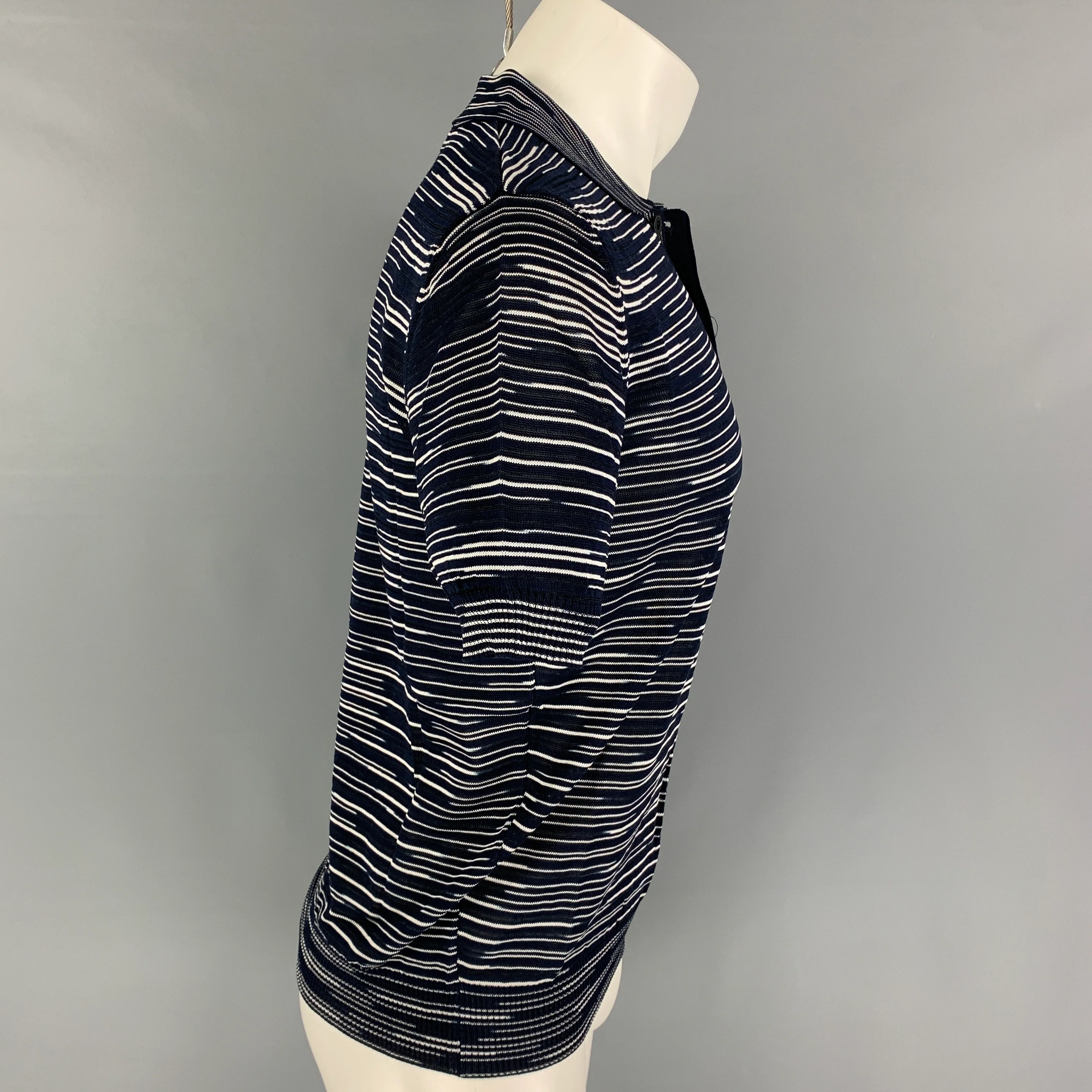 MISSONI SPORT Size S Navy White Stripe Cotton Viscose Buttoned Polo - Image 2