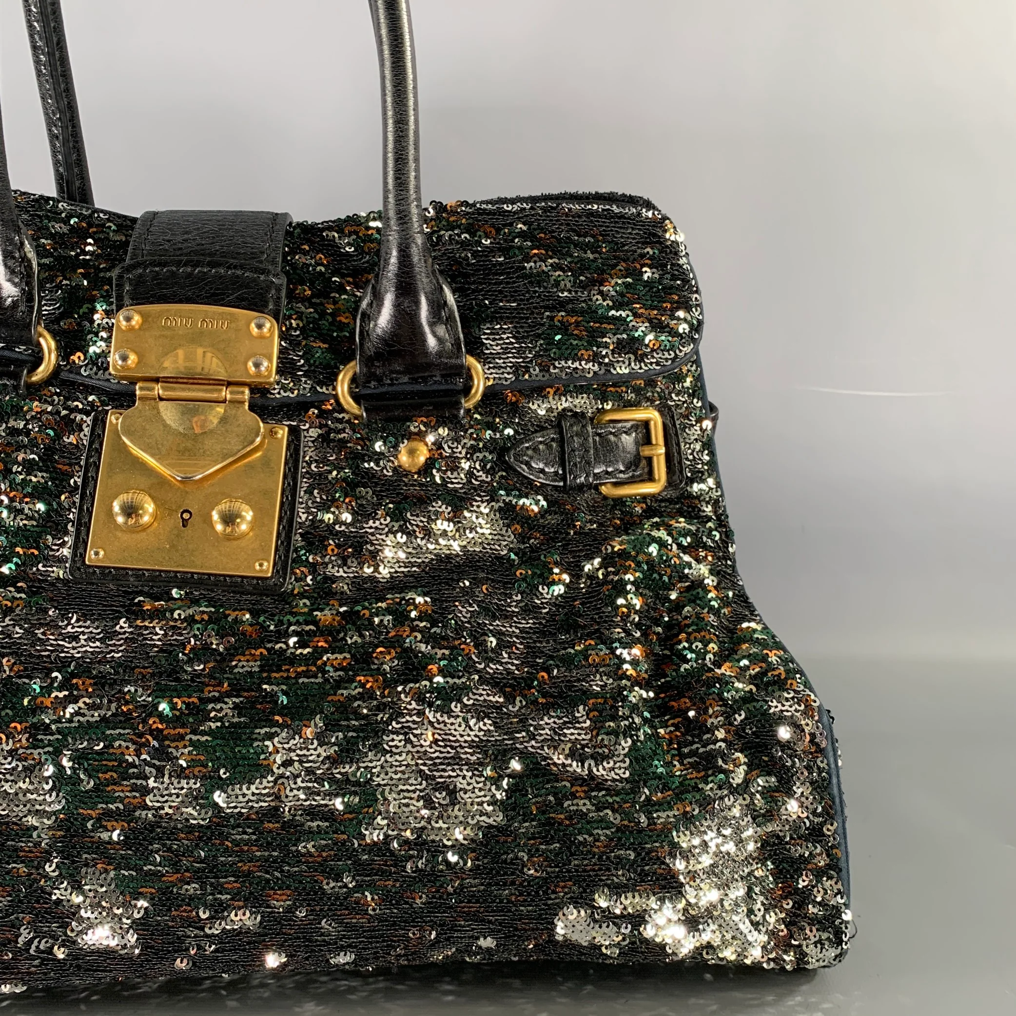 MIU MIU Black Metallic Sequined Leather Top Handles Handbag - Image 3