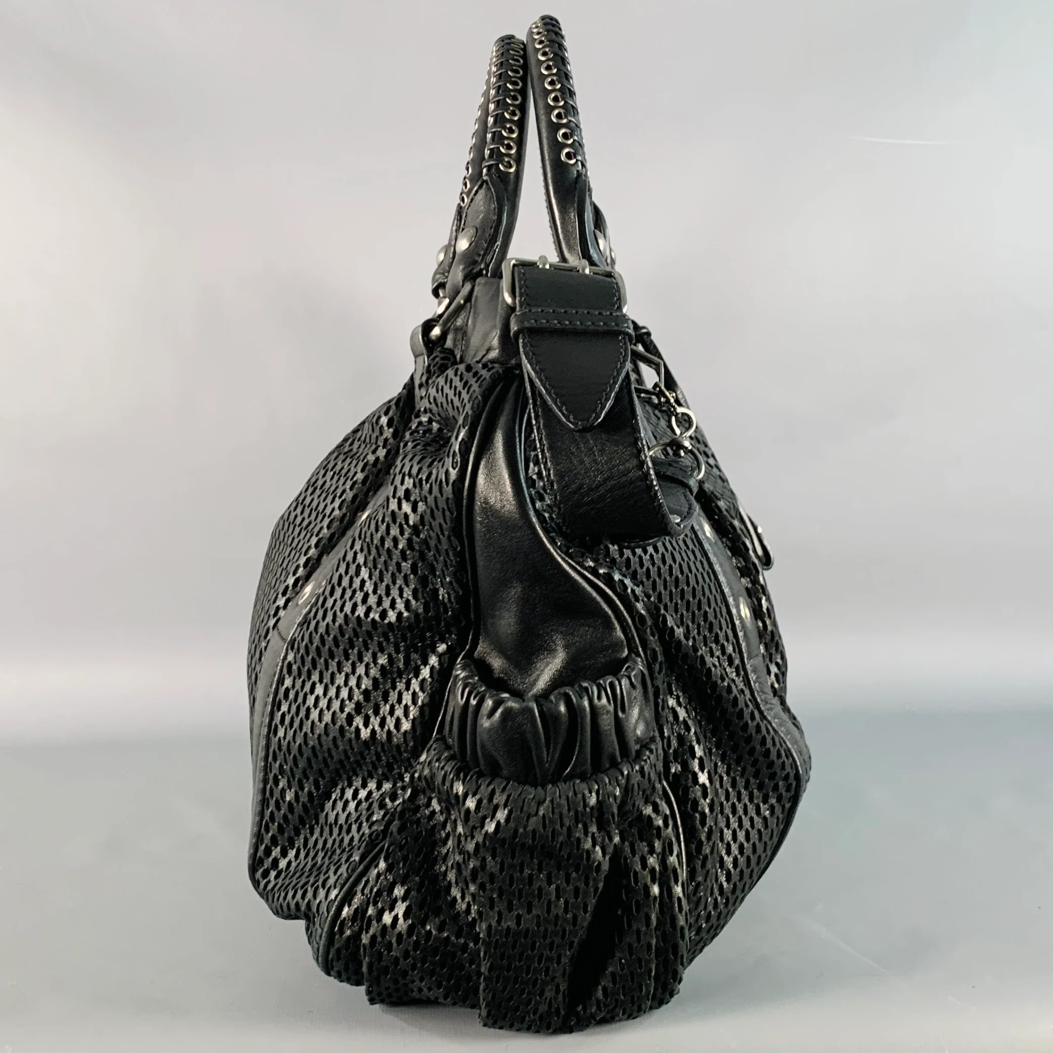 MIU MIU Black Perforated Leather Grommets Top Handles Handbag - Image 3