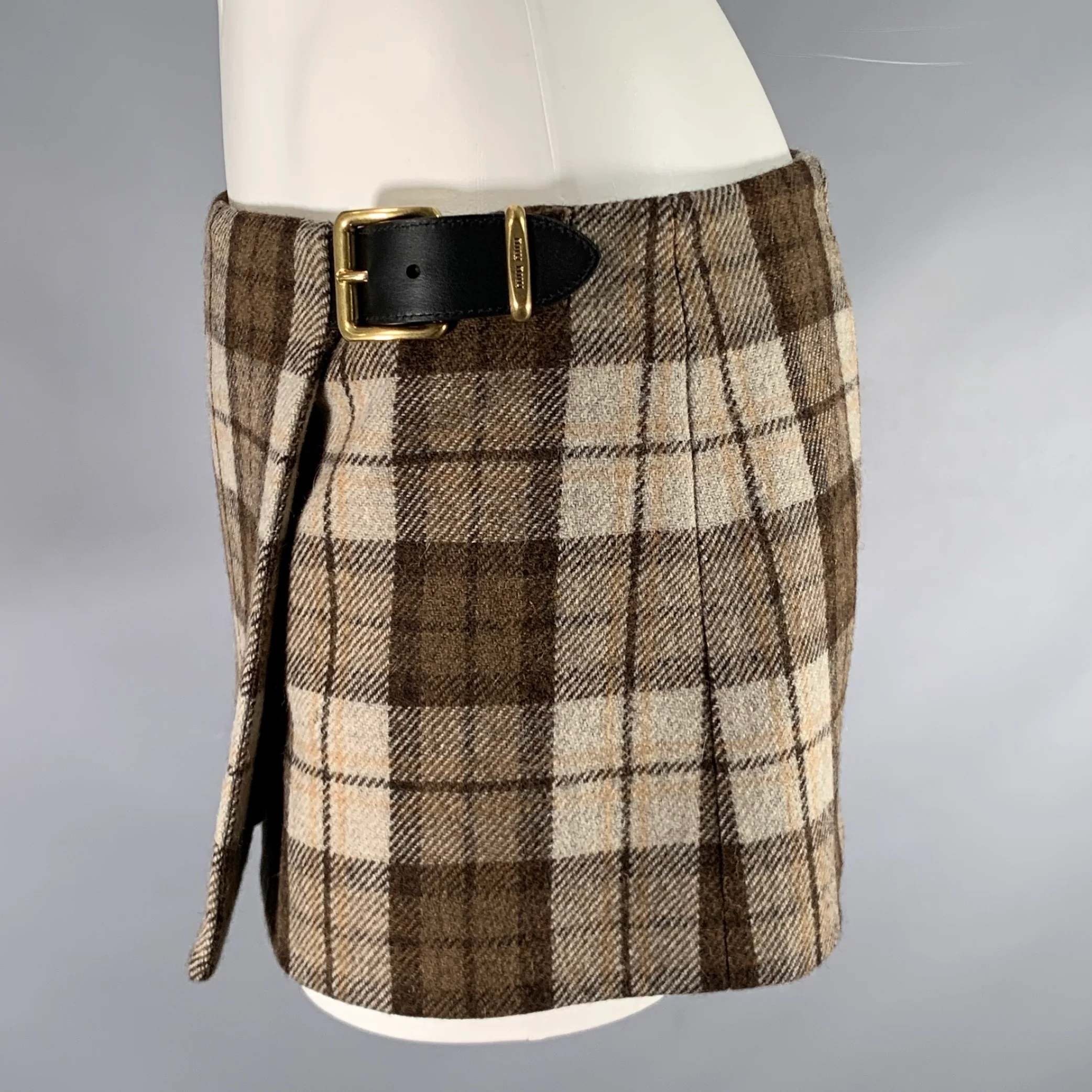 MIU MIU Size 2 Beige Brown Wool Blend Plaid Leather Mini Skirt - Image 3