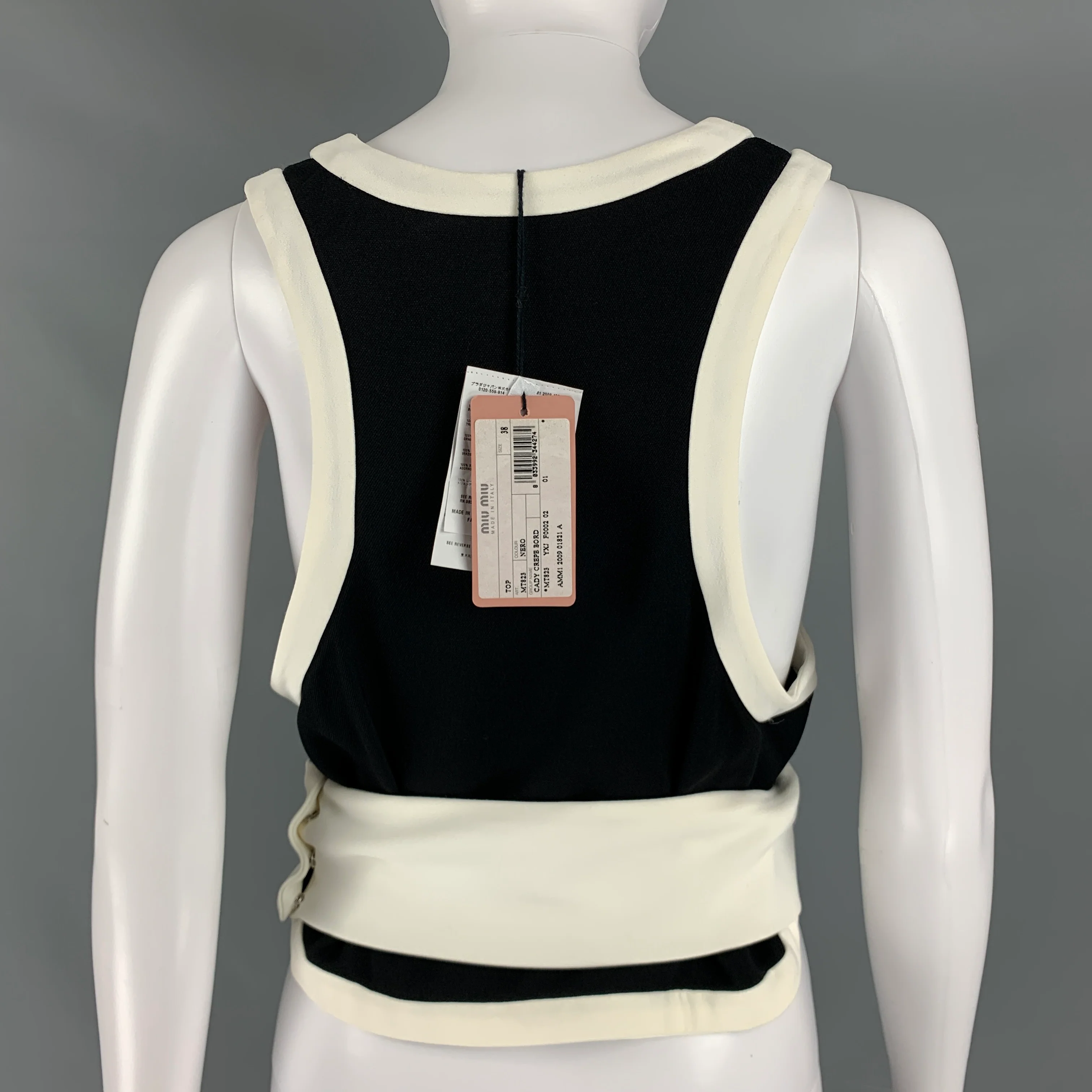 MIU MIU Size 2 Black Cream Viscose Contrast trim V-Neck Casual Top - Image 3