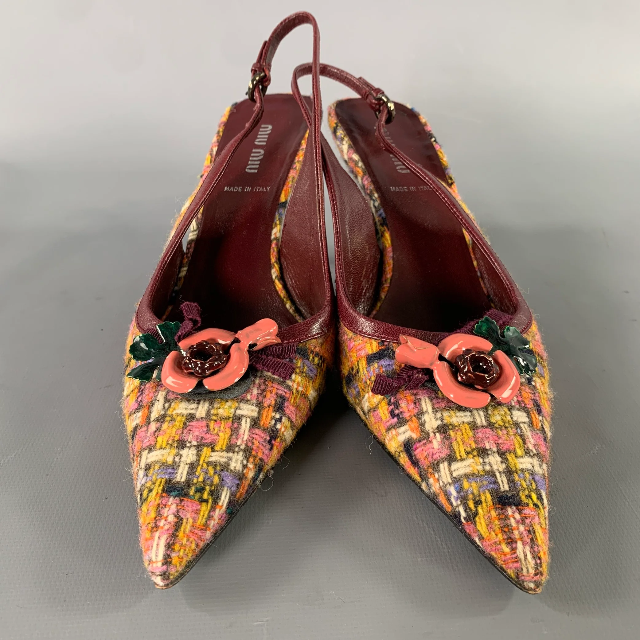 MIU MIU Size 7 Burgundy Wool Tweed Slingback Pumps - Image 4