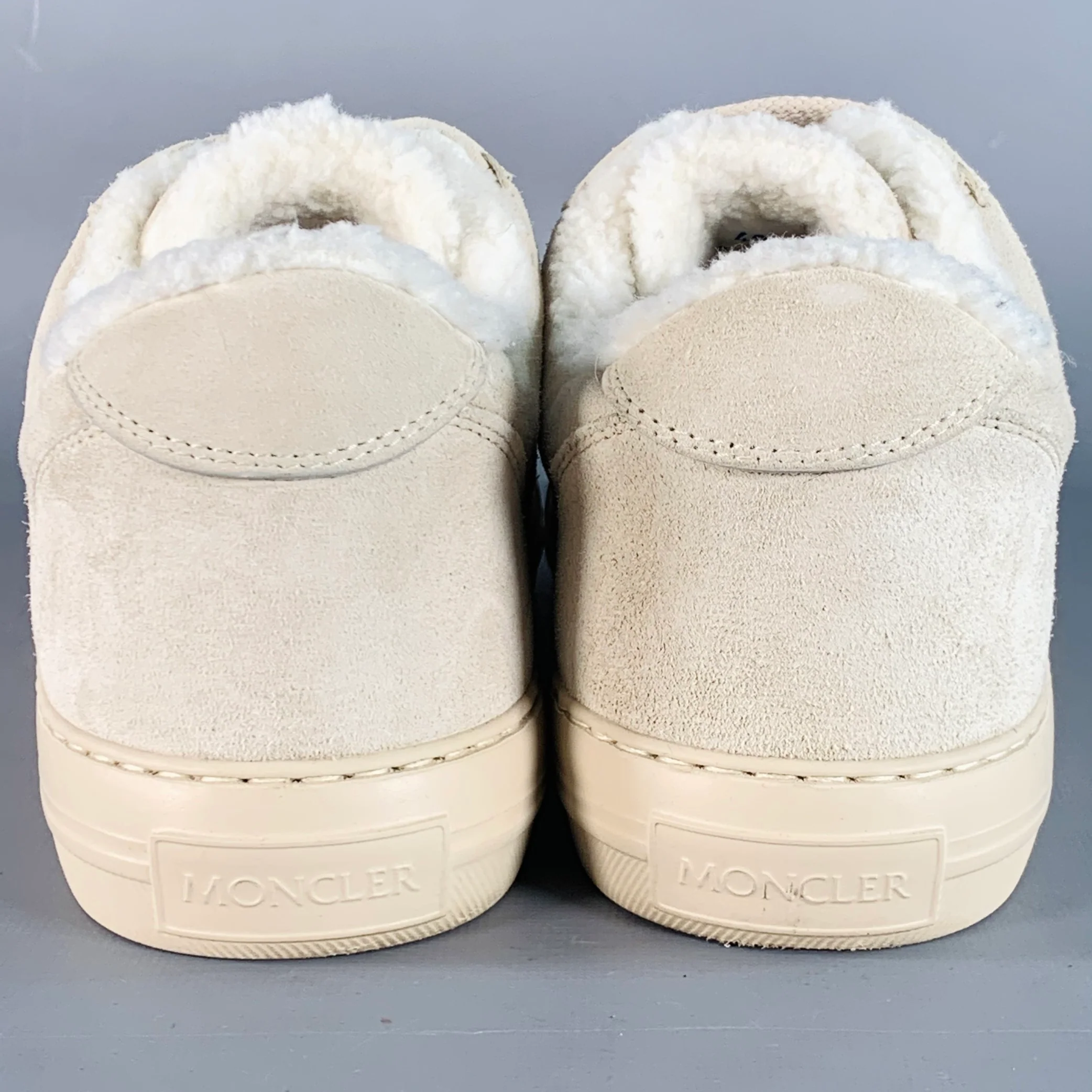 MONCLER Size 9 Beige Stone Suede Low Top Shearling Lined Lace-Up Sneakers - Image 3