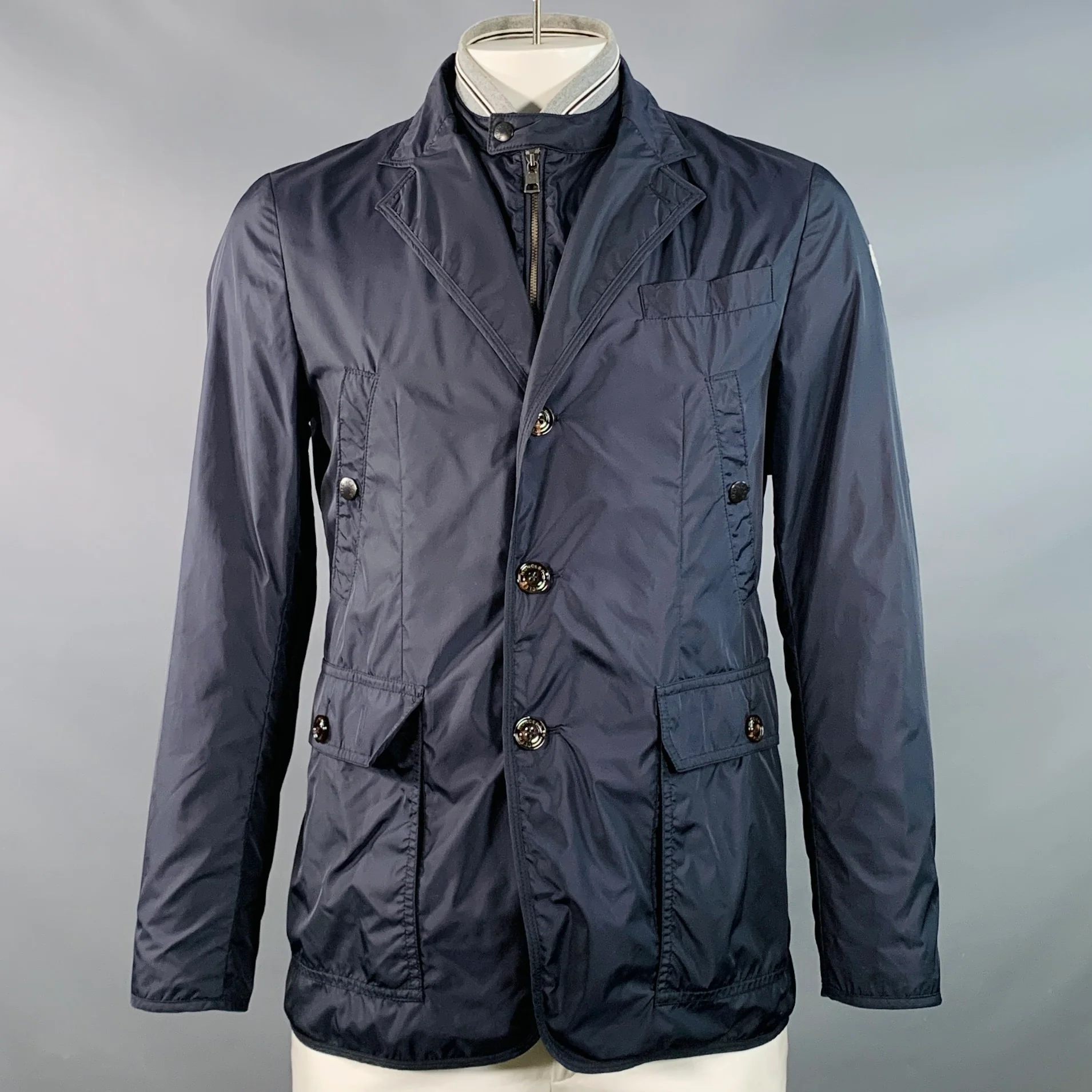 MONCLER Size L Millet Navy Grey Polyamide Layered Notch Lapel Jacket