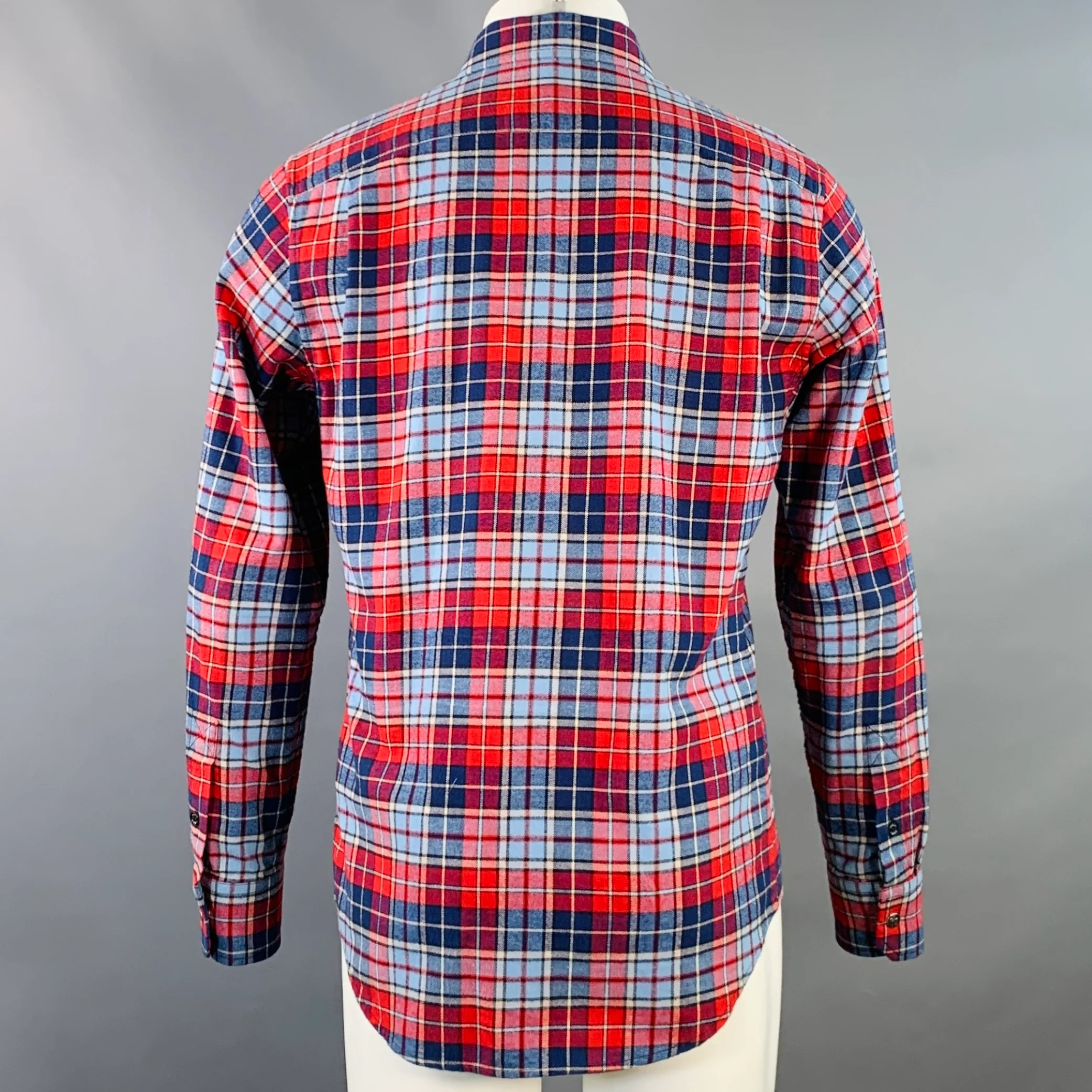MONCLER Size M Blue Navy Red Plaid Cotton Button Down Collar Long Sleeve Shirt - Image 3