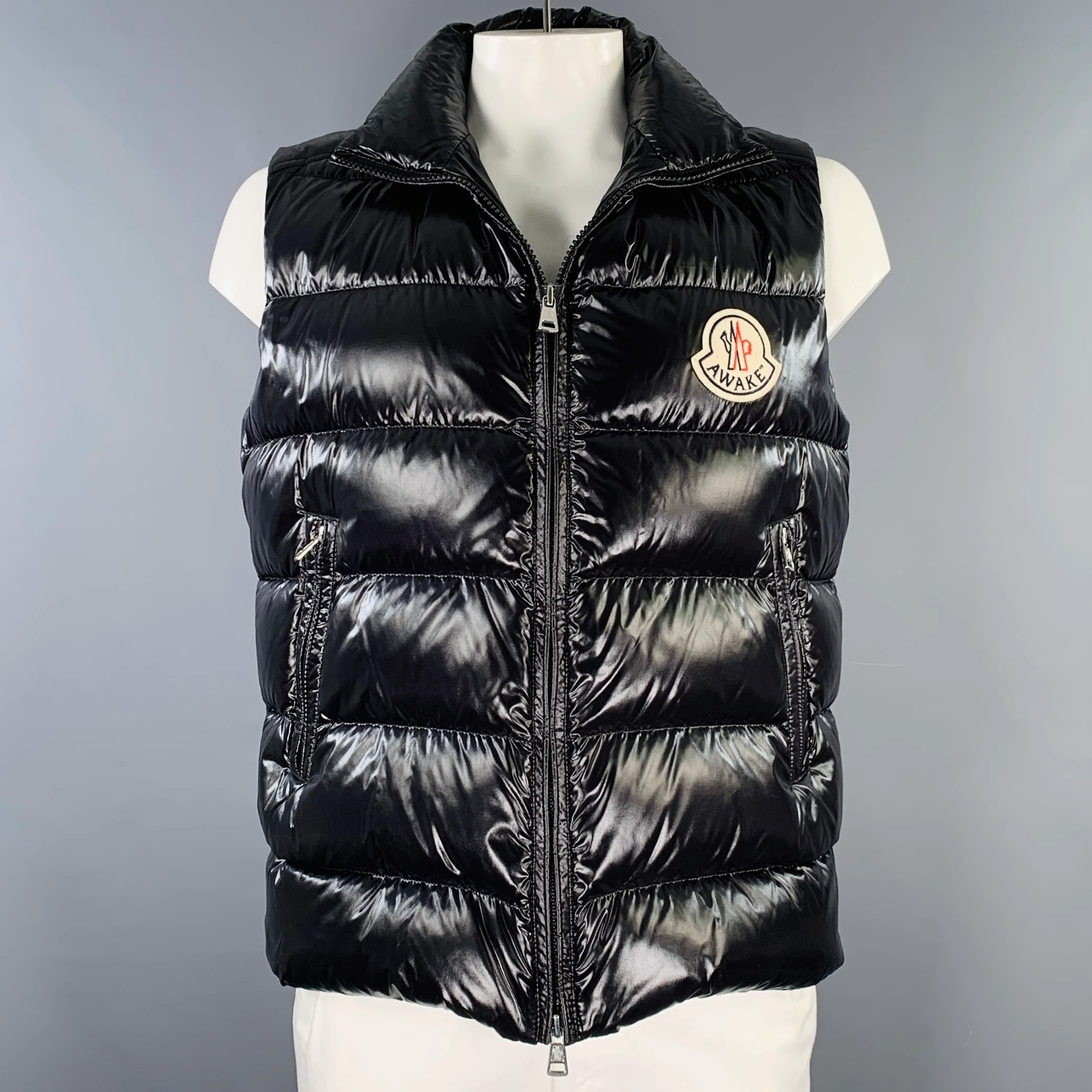 MONCLER x AWAKE SS20 Size XL Black White Print Polyamide Padded Vest