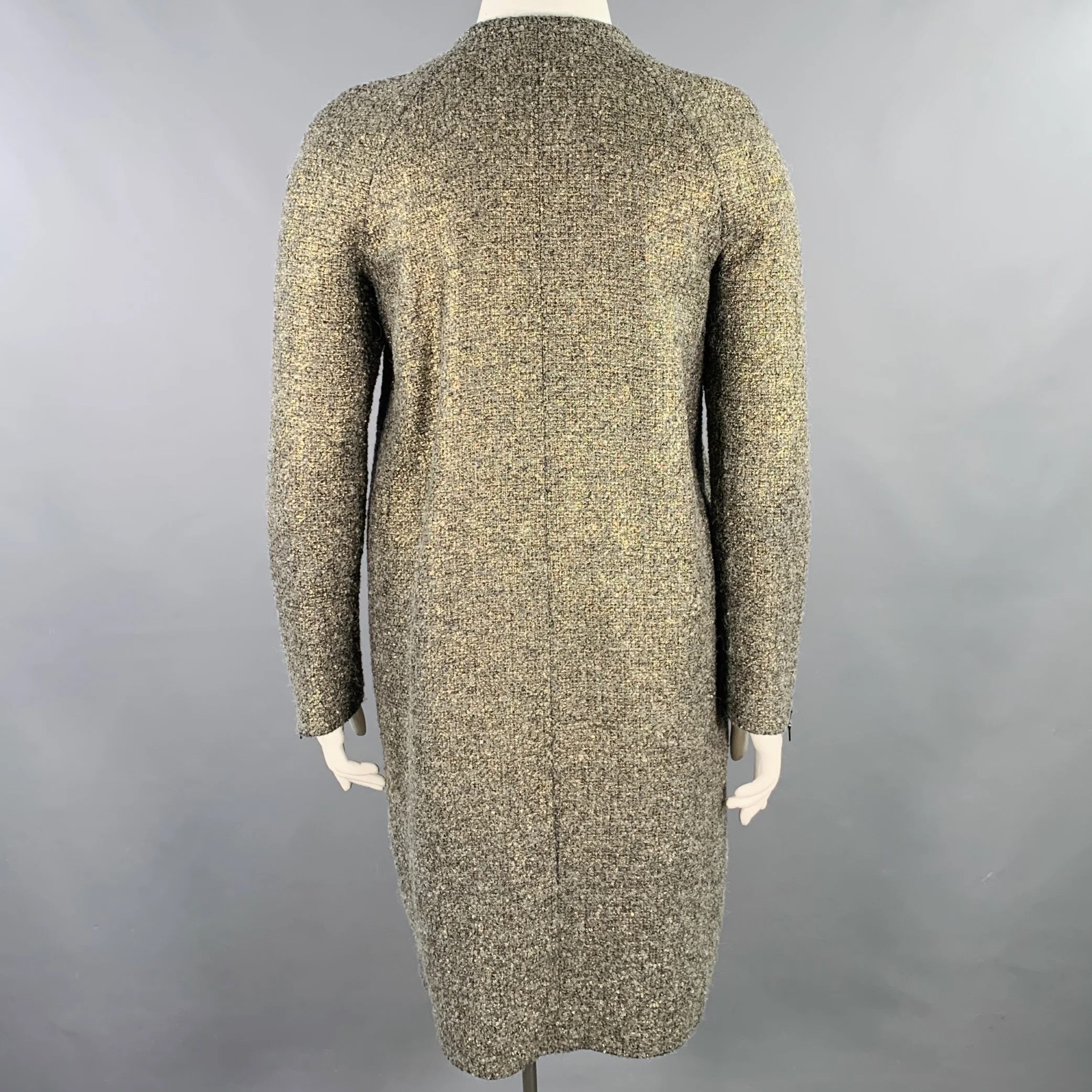 MONIQUE LHUILLIER Size 10 Grey Gold Acrylic Blend Tweed Zip Up Coat - Image 3