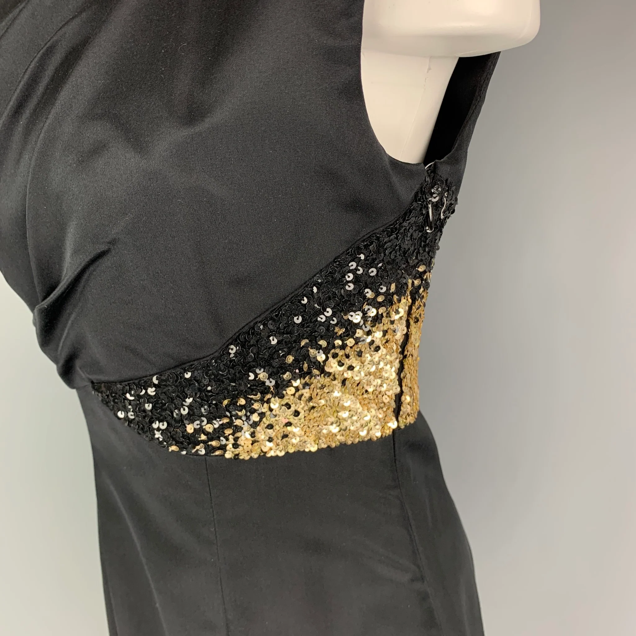 MONIQUE LHUILLIER Size 4 Black Gold Silk Rayon Sequined Cocktail Dress - Image 2