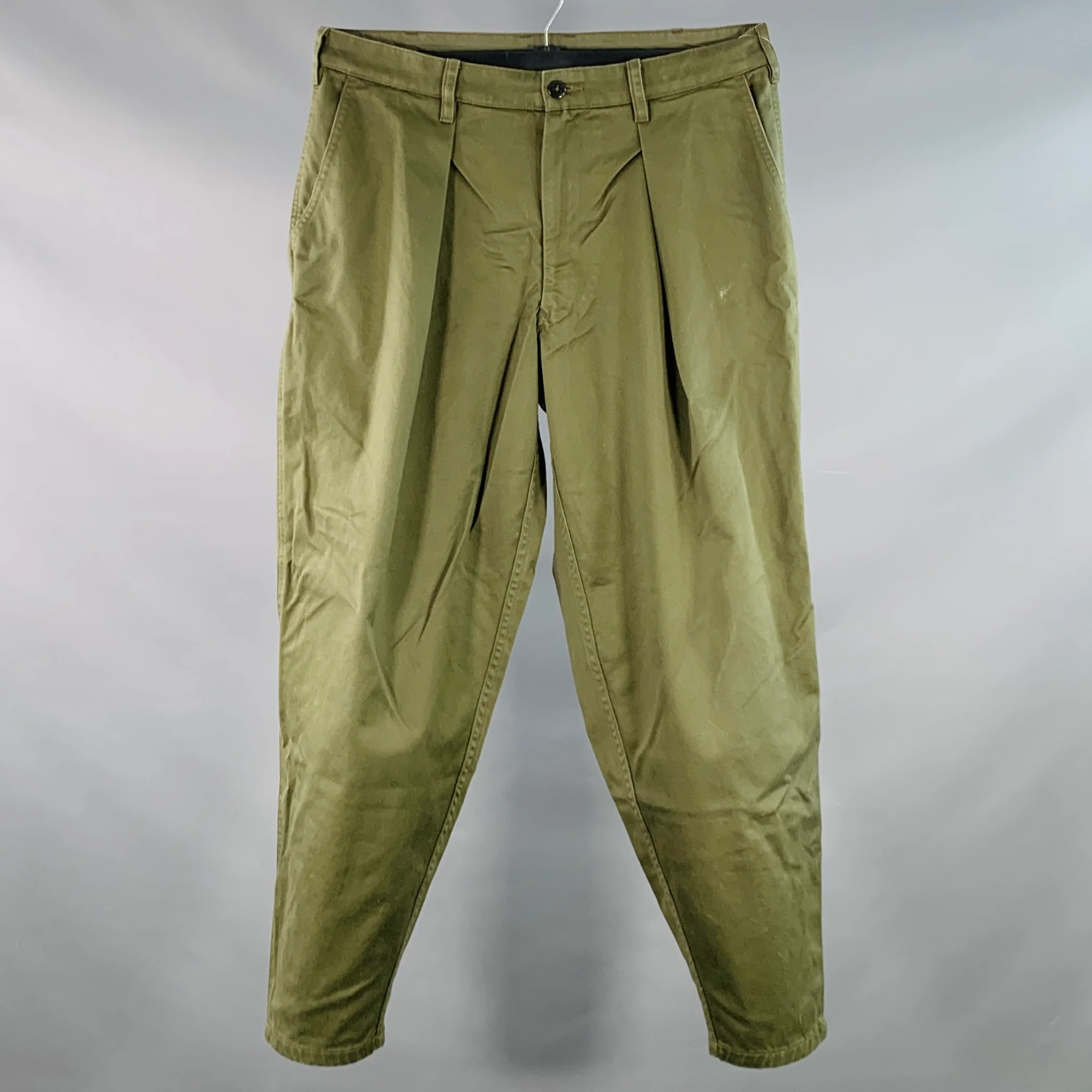 MONITALY Size 34 Green Olive Cotton Sateen Pleated Casual Pants
