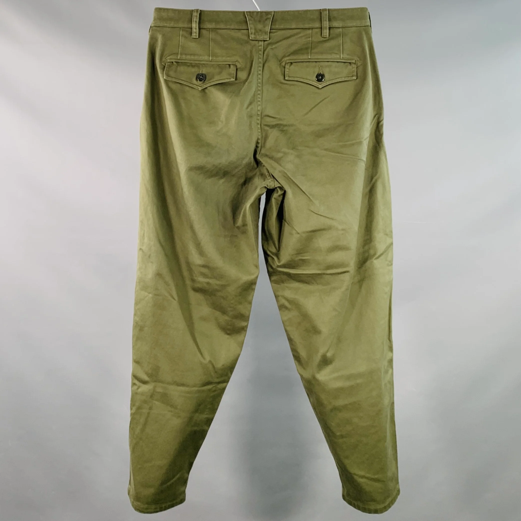 MONITALY Size 34 Green Olive Cotton Sateen Pleated Casual Pants - Image 2