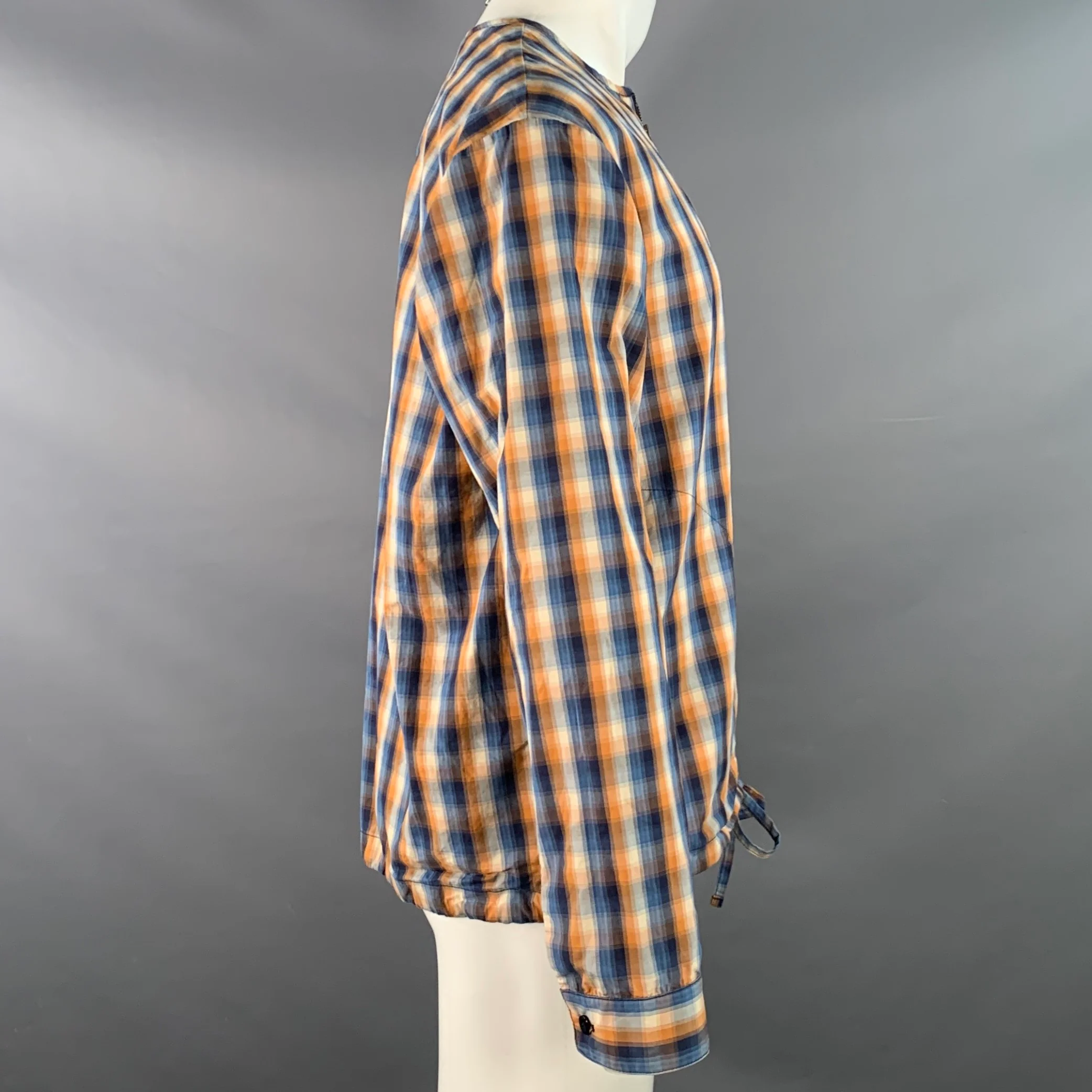 MONITALY Size M Blue Orange Plaid Cotton Collarless 1/4 Zip Pullover - Image 3