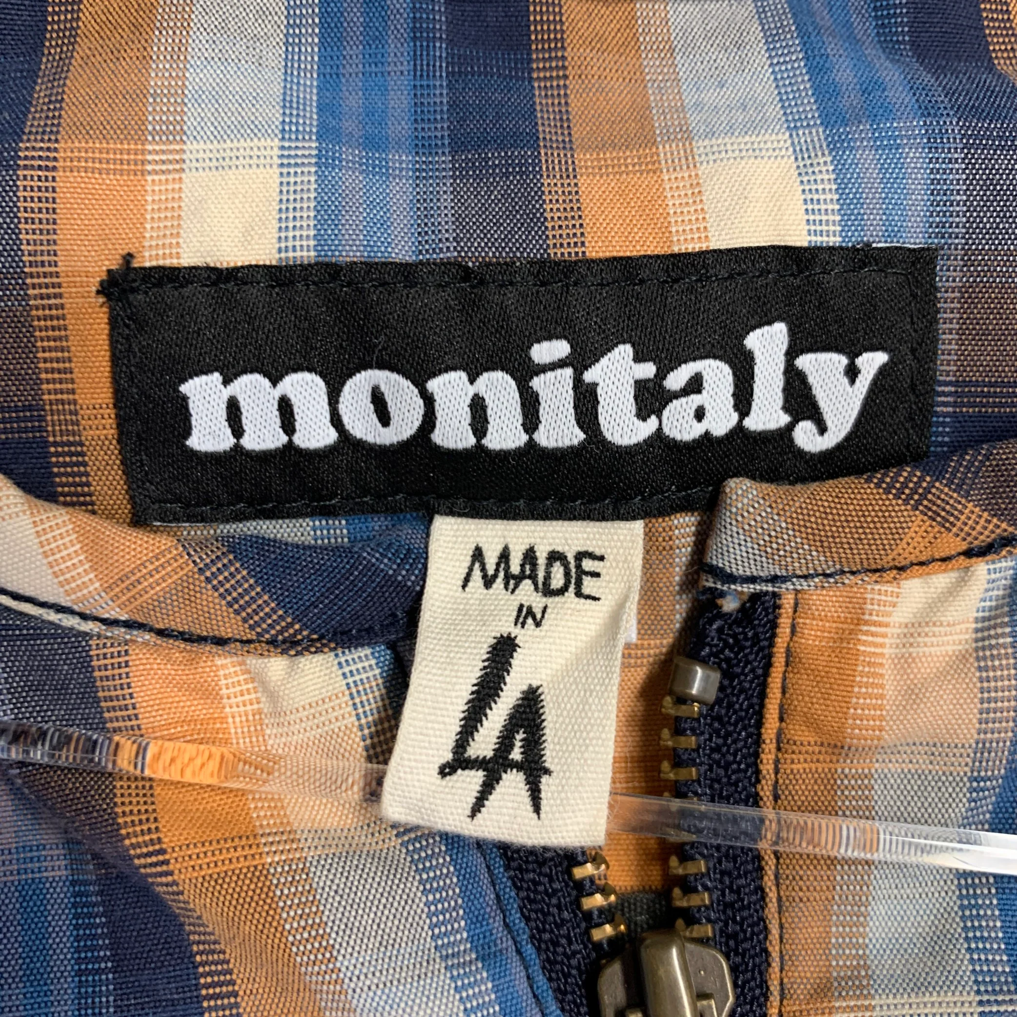 MONITALY Size M Blue Orange Plaid Cotton Collarless 1/4 Zip Pullover - Image 5