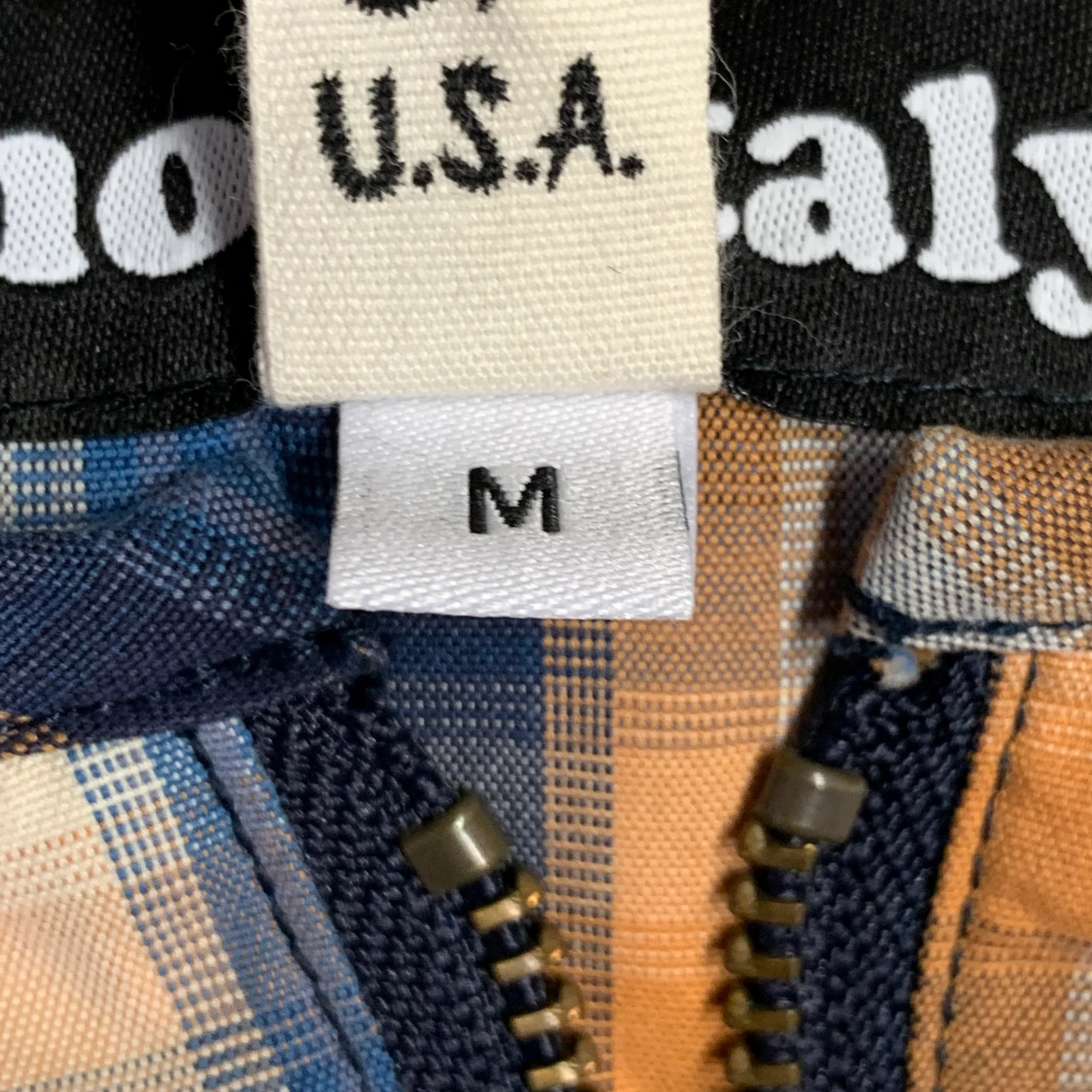 MONITALY Size M Blue Orange Plaid Cotton Collarless 1/4 Zip Pullover - Image 6