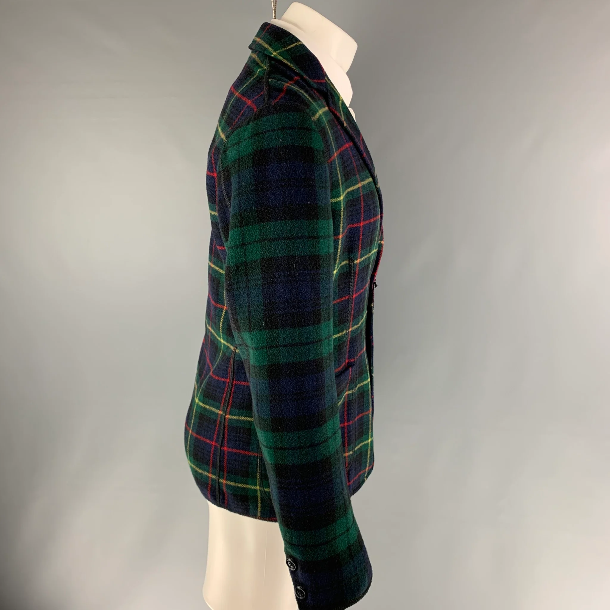 MOSCHINO Chest Size 40 Size 40 Green Navy Plaid Notch Lapel Jacket - Image 5