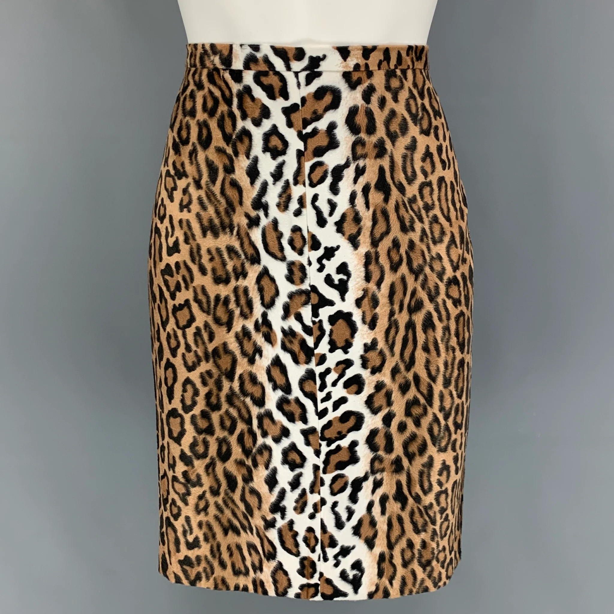 MOSCHINO Size 10 Beige Brown Faux Fur Animal Print Pencil Knee Length Skirt