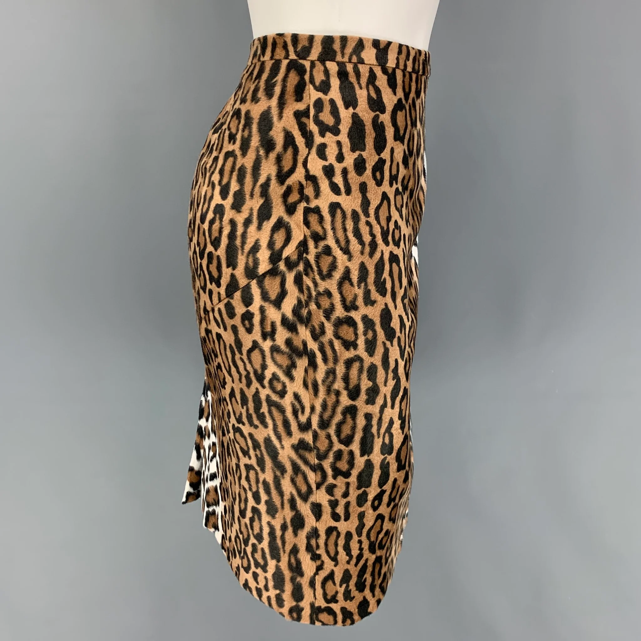 MOSCHINO Size 10 Beige Brown Faux Fur Animal Print Pencil Knee Length Skirt - Image 2