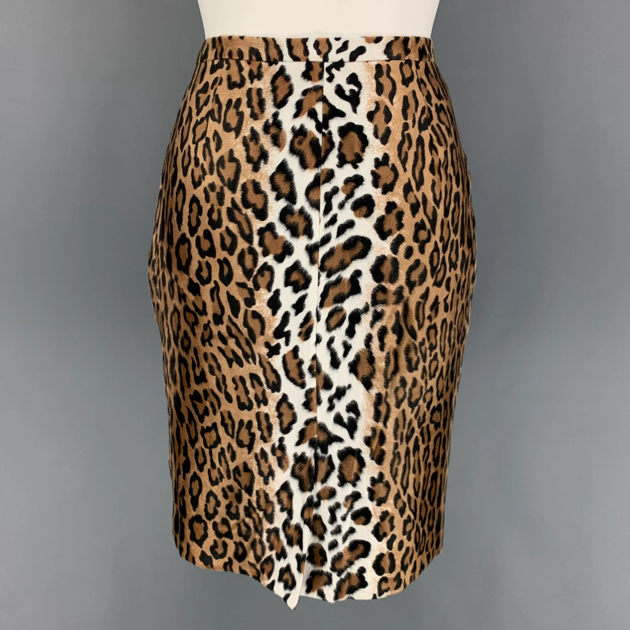 MOSCHINO Size 10 Beige Brown Faux Fur Animal Print Pencil Knee Length Skirt - Image 3