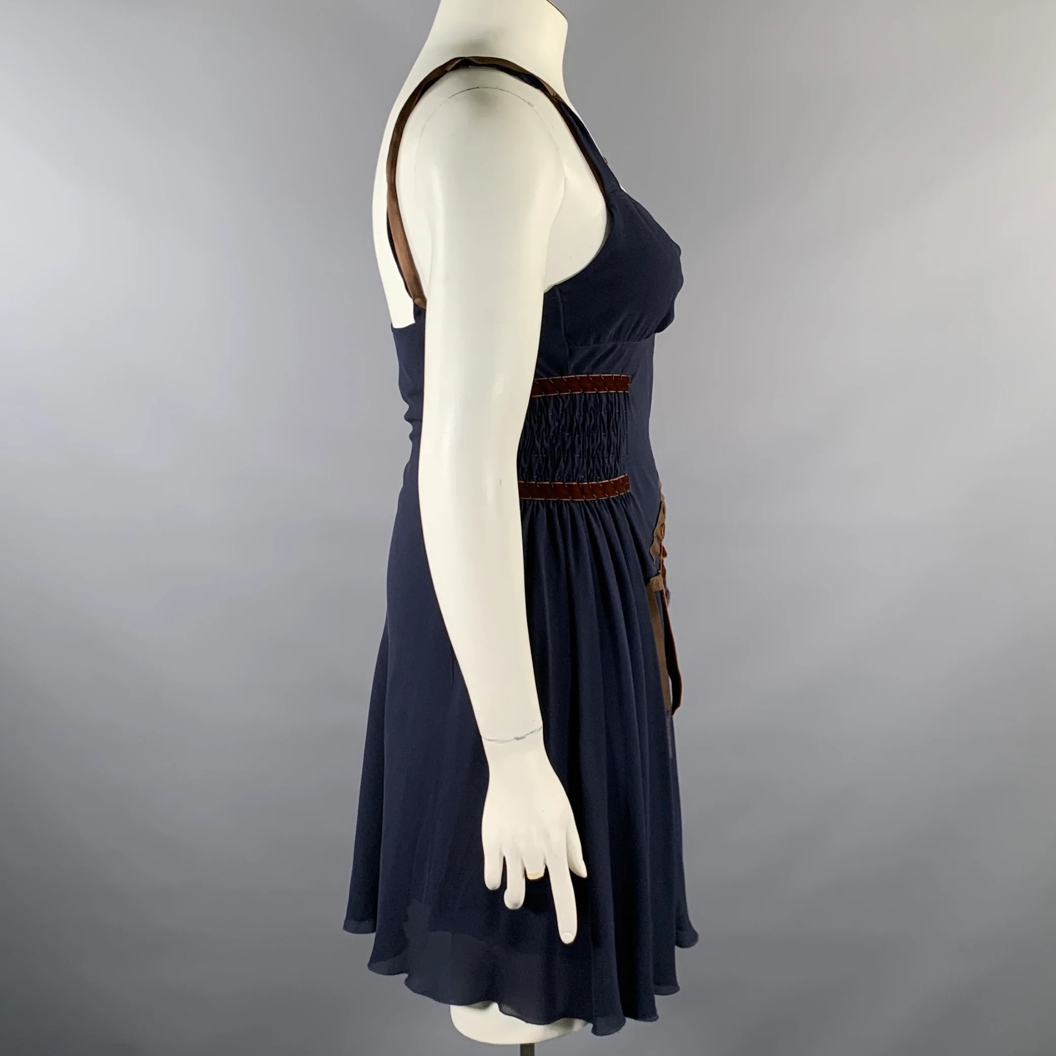 MOSCHINO Size 12 Navy Brown Silk Ribbon Dress - Image 3
