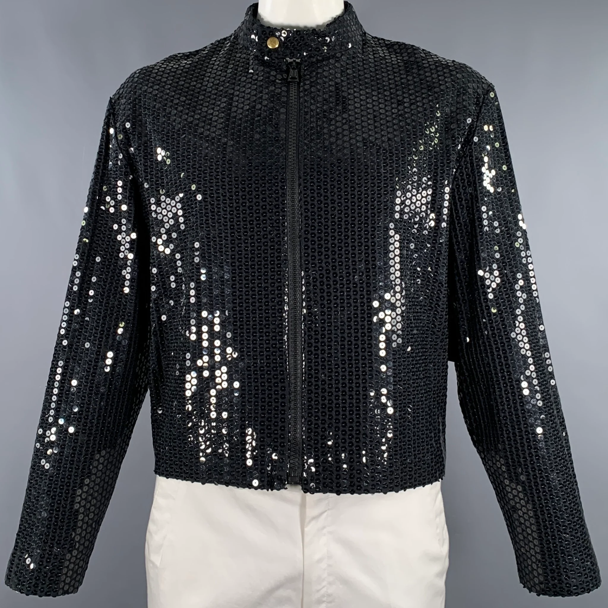 MOSCHINO Size 42 Black Sequined Polyester Zip Up Jacket
