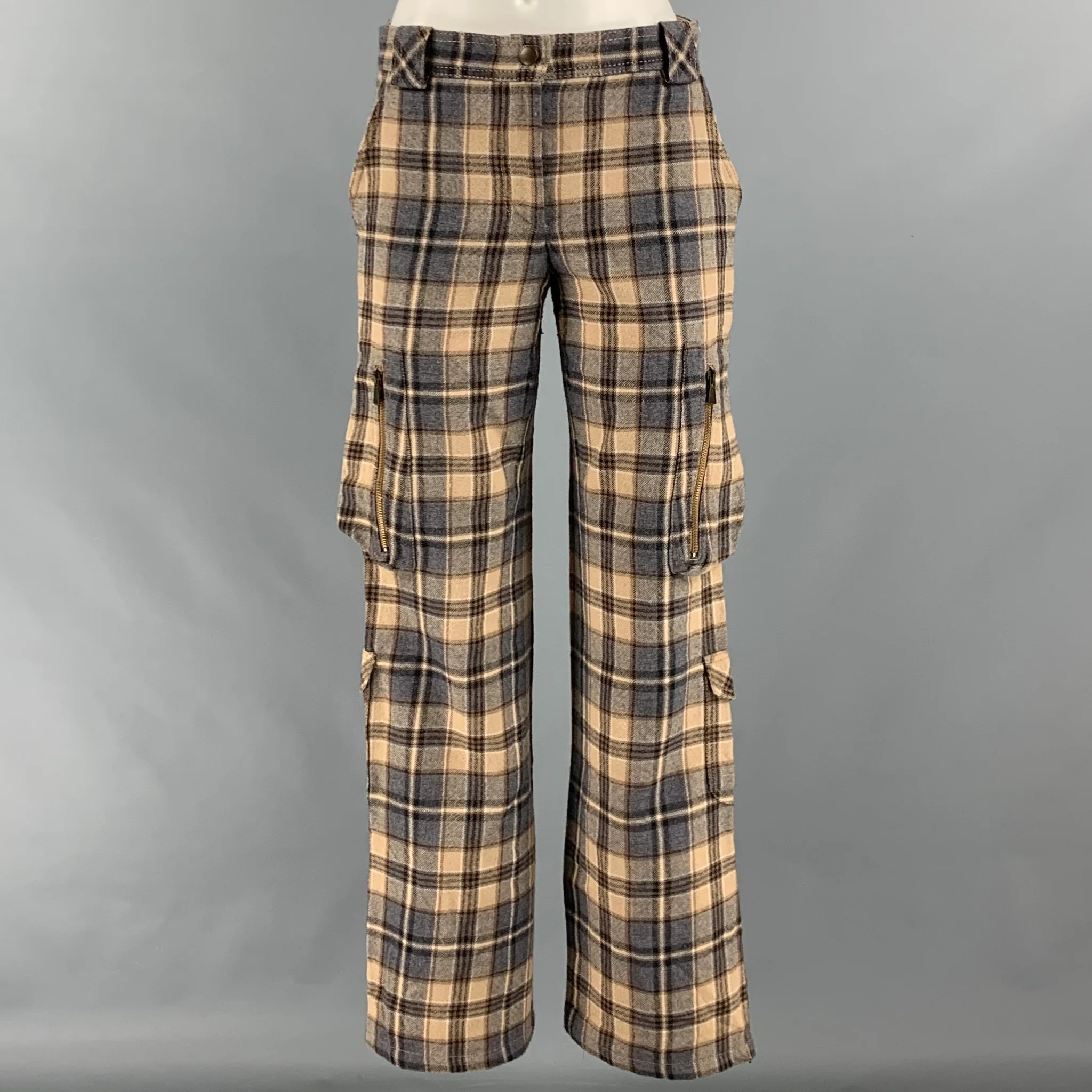 MOSCHINO Size 6 Beige Grey Virgin Wool Plaid Cargo Casual Pants