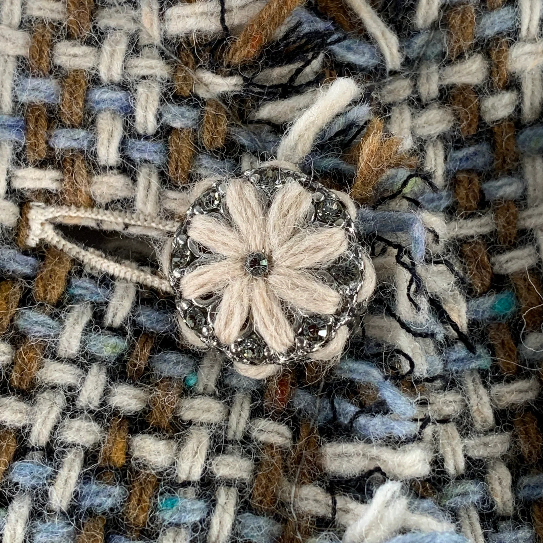 MOSCHINO Size 6 Brown Blue Cream Wool Woven Floral Embellishment Raw Edge Coat - Image 4