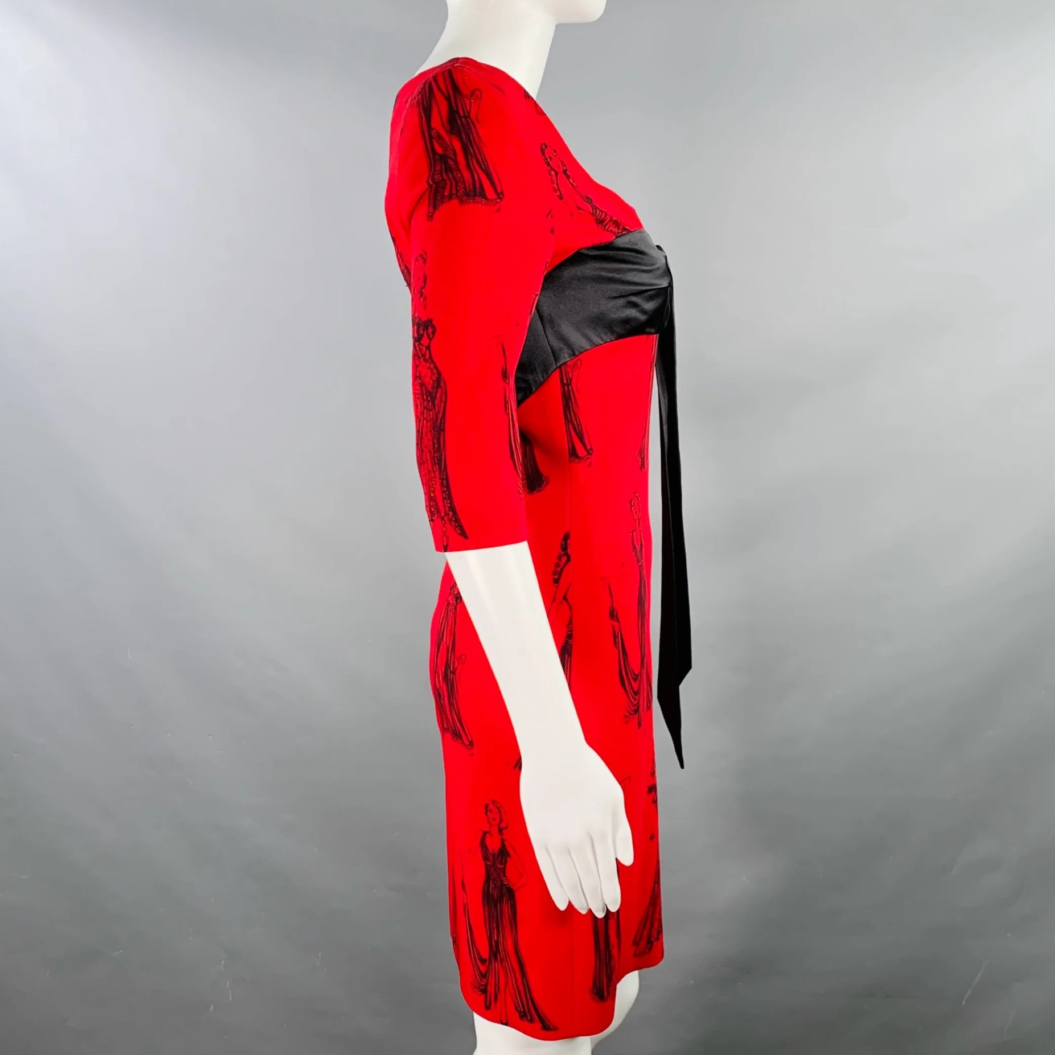 MOSCHINO Size 6 Red Black Viscose Blend Figures Bow Cocktail Dress - Image 5