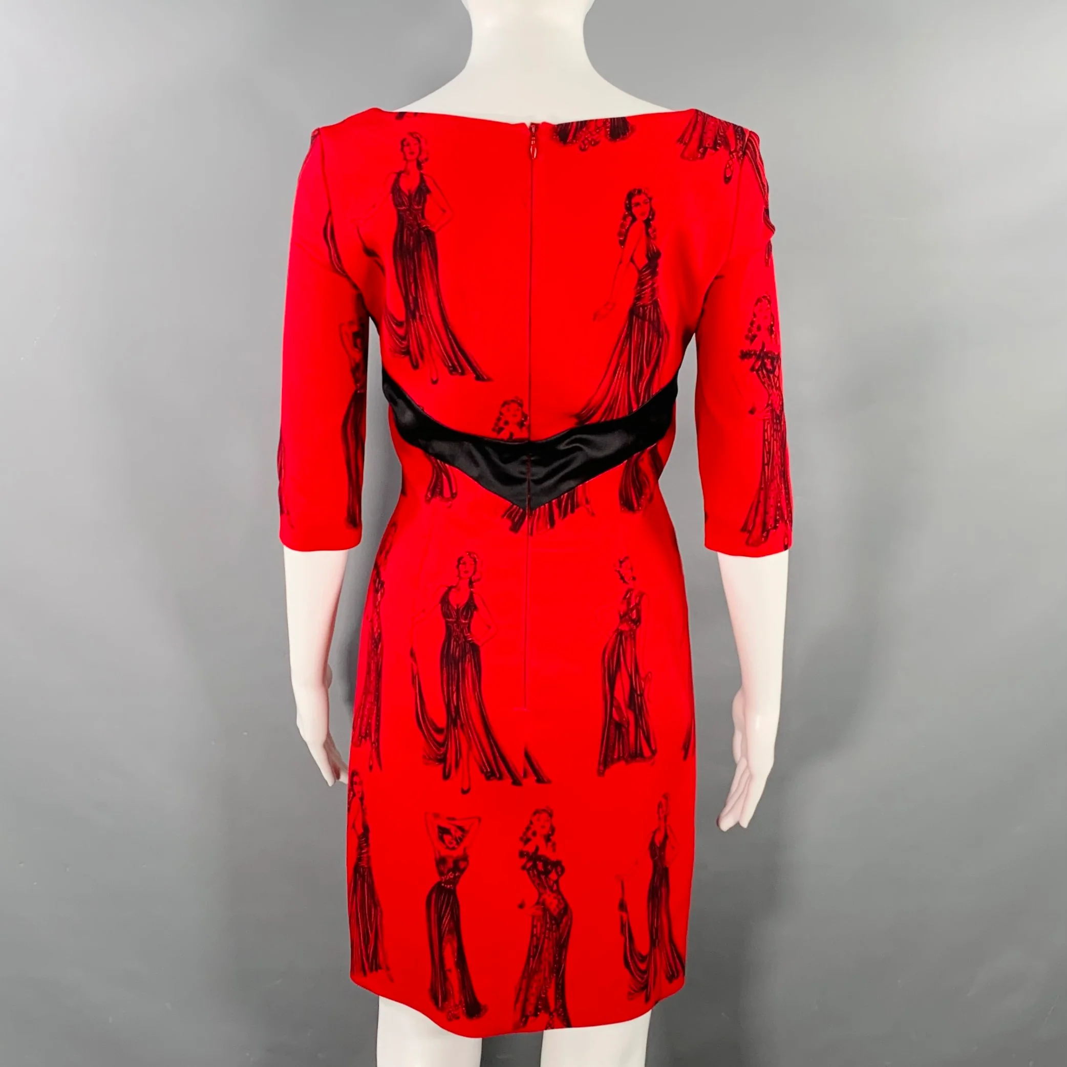 MOSCHINO Size 6 Red Black Viscose Blend Figures Bow Cocktail Dress - Image 6