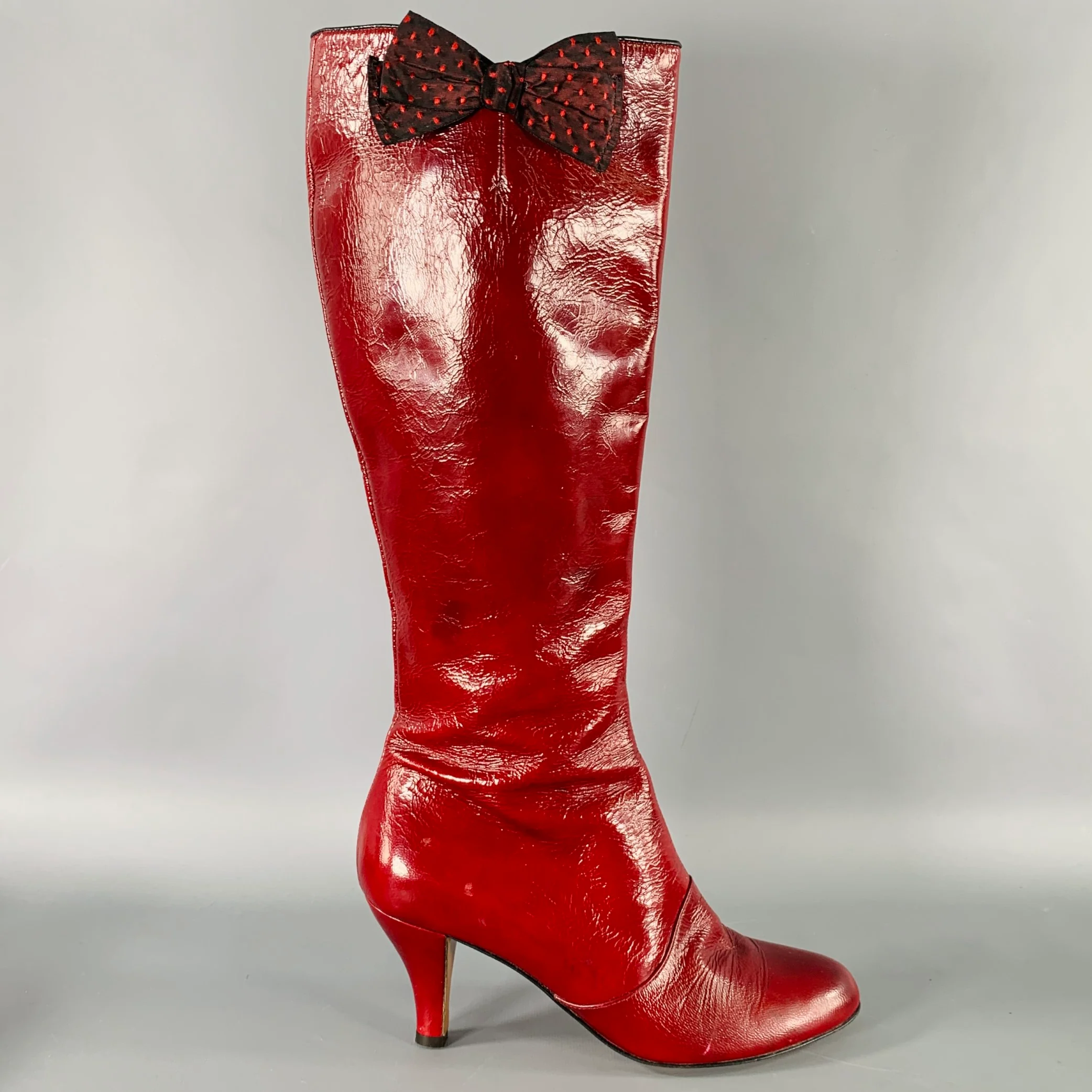 MOSCHINO Size 7 Burgundy Bow Patent Leather Zip Up Boots - Image 2