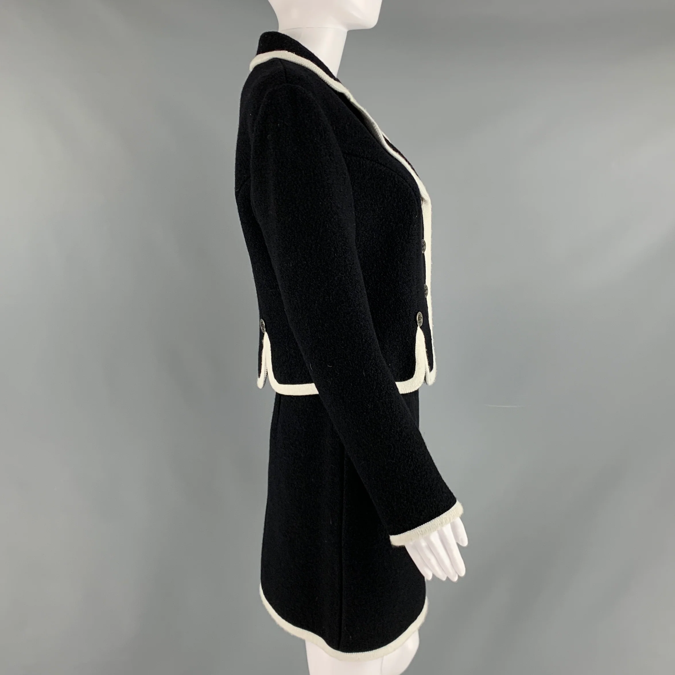 MOSCHINO Size 8 Black White Virgin Wool Contrast trim Single breasted Skirt Suit - Image 3