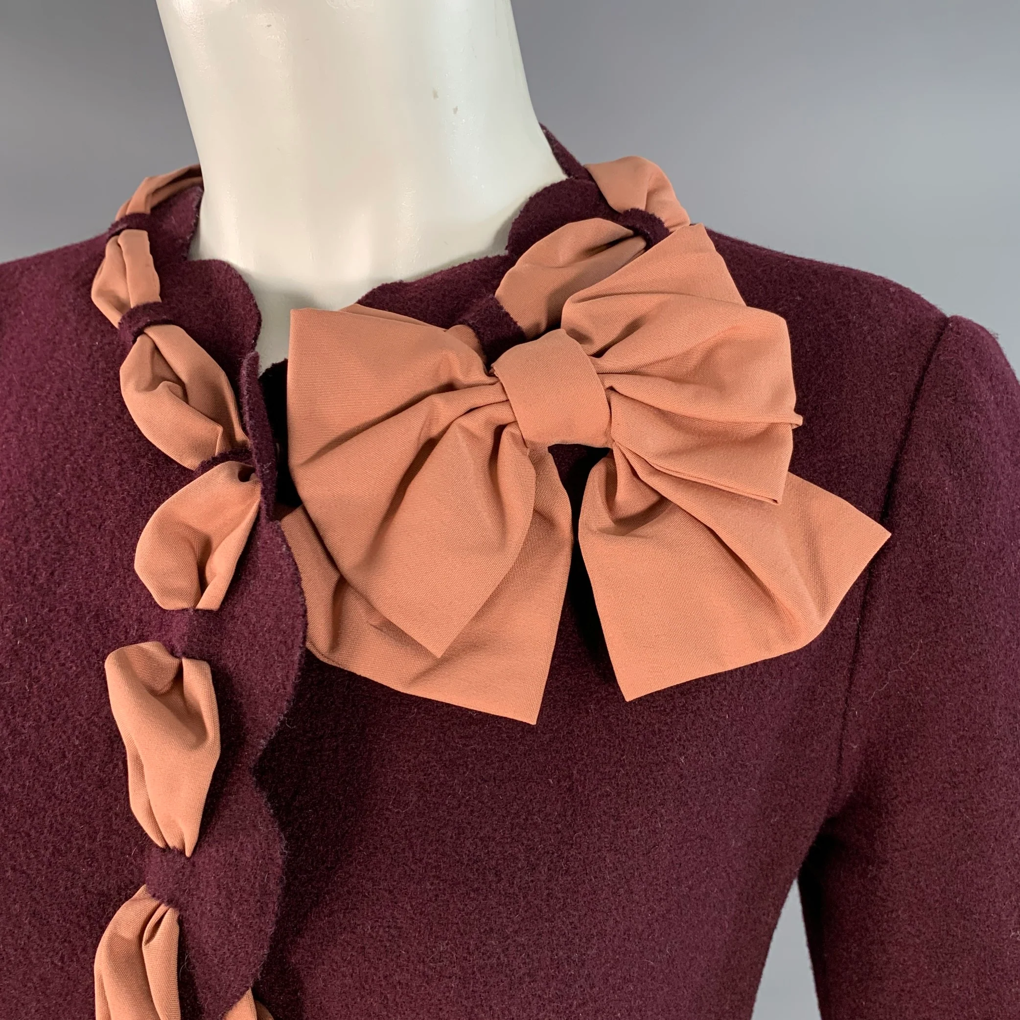 MOSCHINO Size 8 Pink Maroon Wool Blend Woven Bow Snaps Jacket Blazer - Image 2