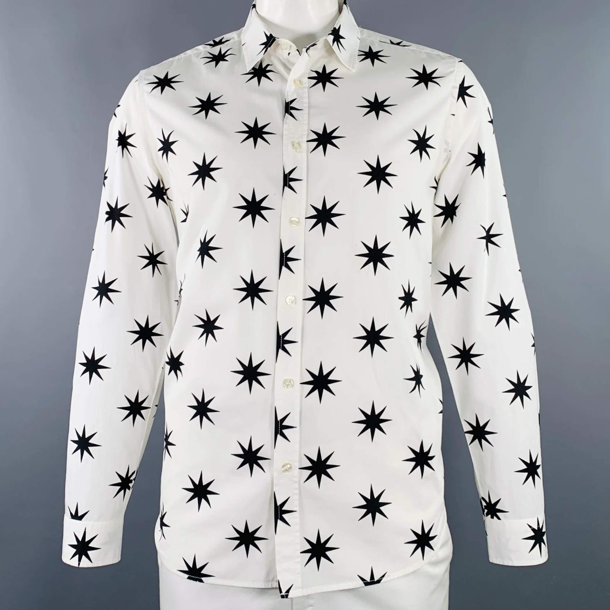 MOSCHINO Size L White Black Stars Cotton Button Up Long Sleeve Shirt