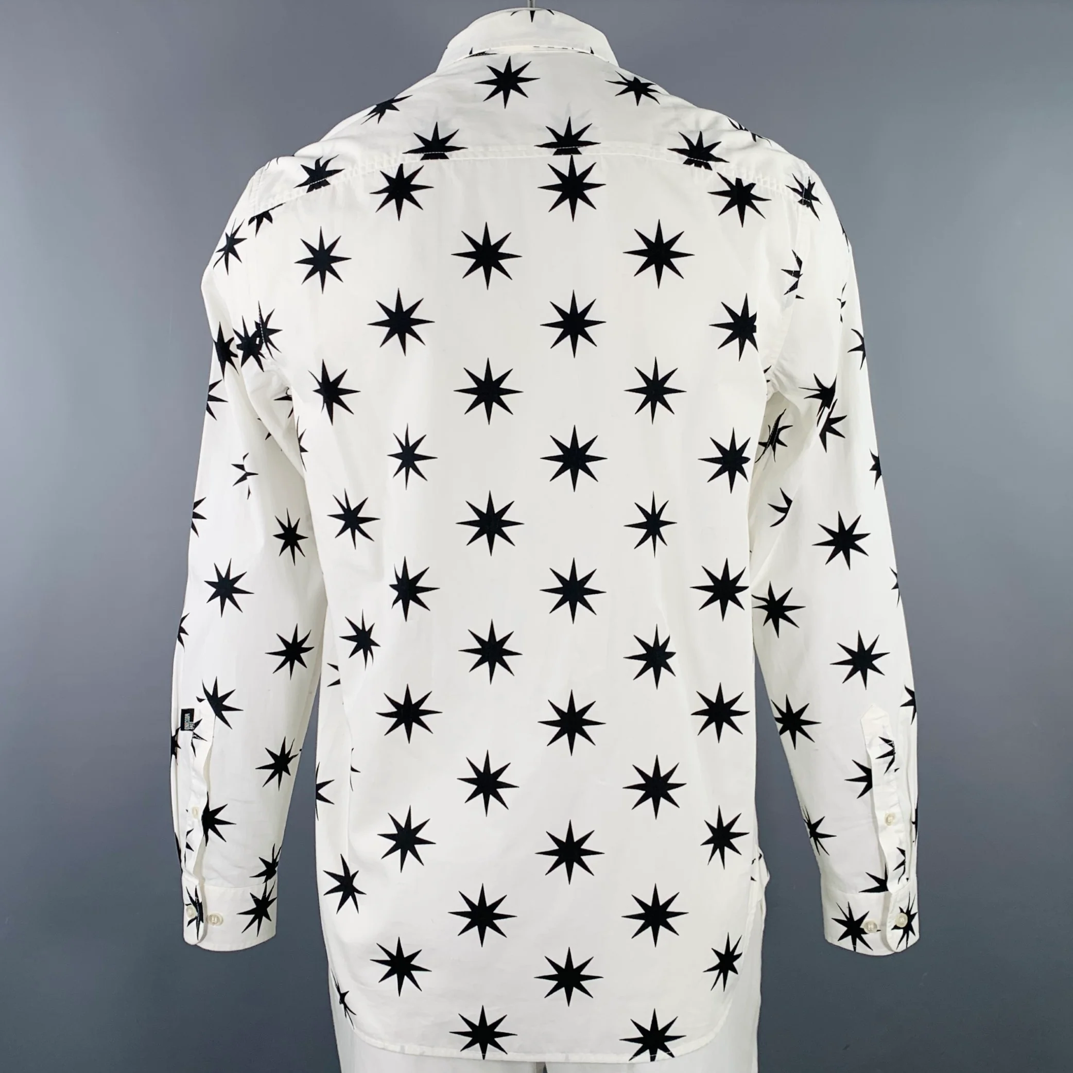 MOSCHINO Size L White Black Stars Cotton Button Up Long Sleeve Shirt - Image 3
