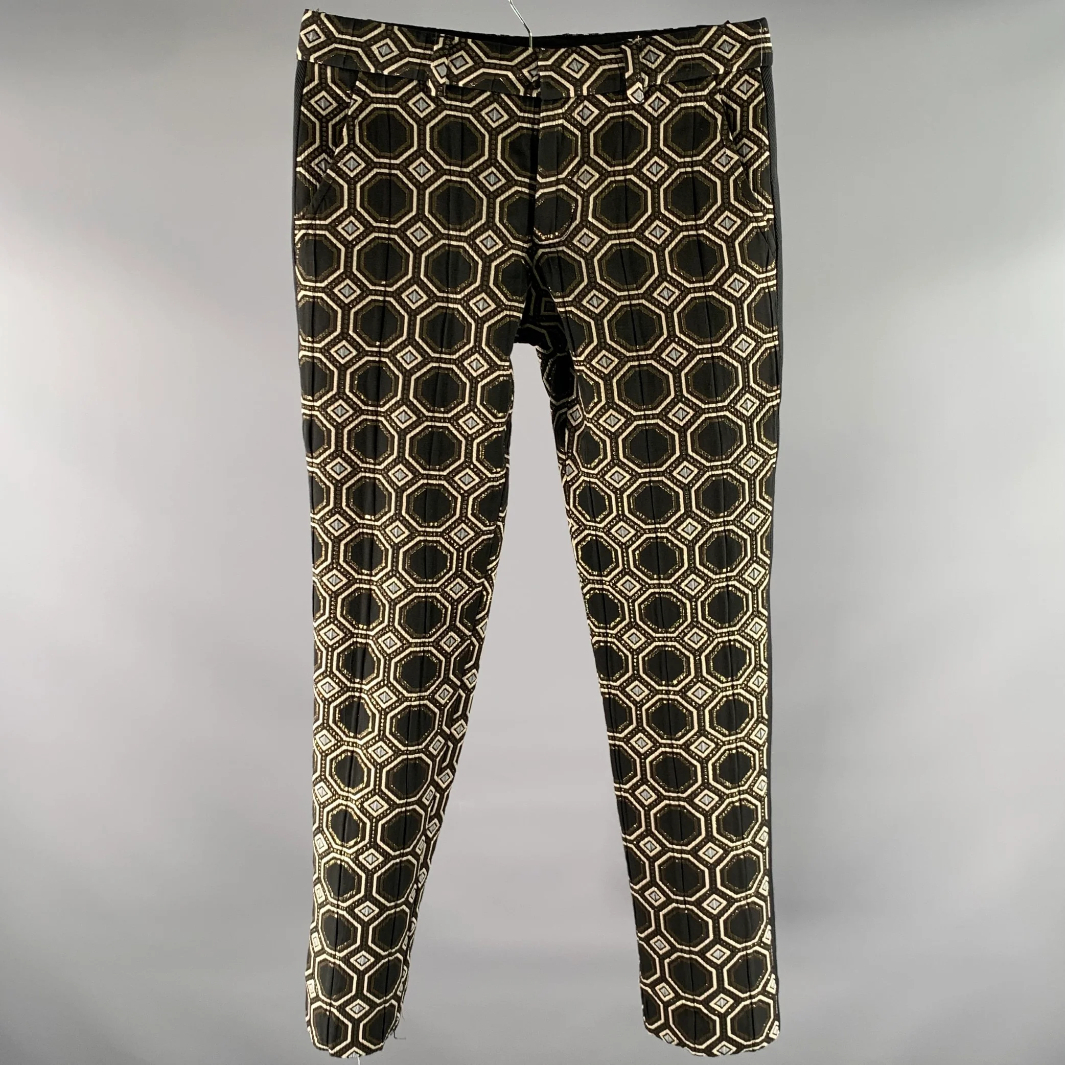 MR TURK Size 30 Black Gold Tan Geometric Polyester Blend Tuxedo Dress Pants