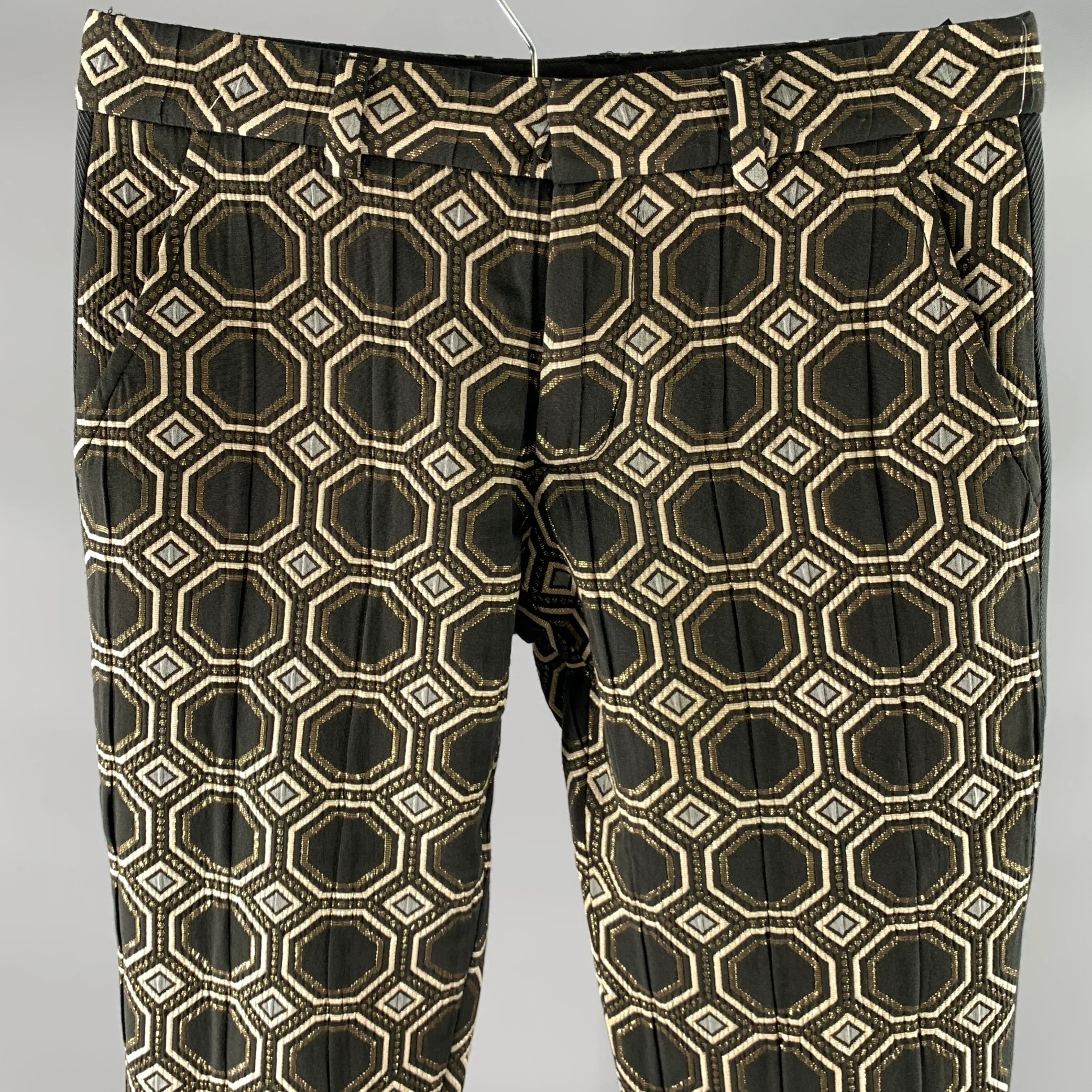 MR TURK Size 30 Black Gold Tan Geometric Polyester Blend Tuxedo Dress Pants - Image 2