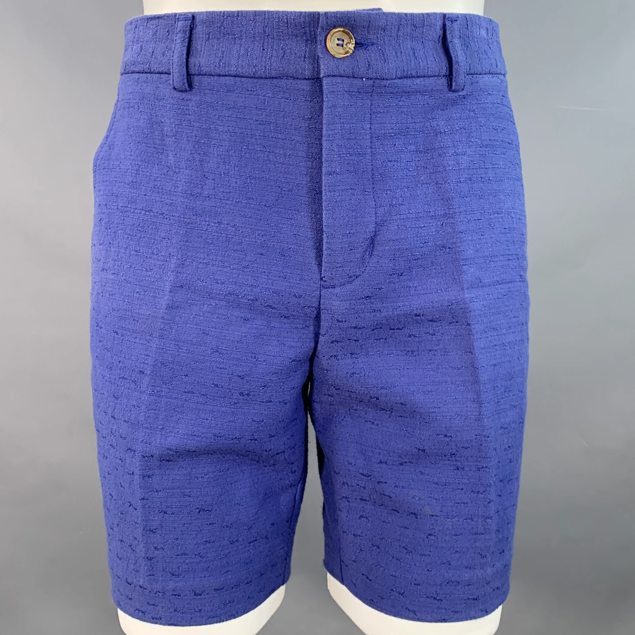 MR TURK Size 32 Blue Textured Cotton Blend Zip Fly Shorts
