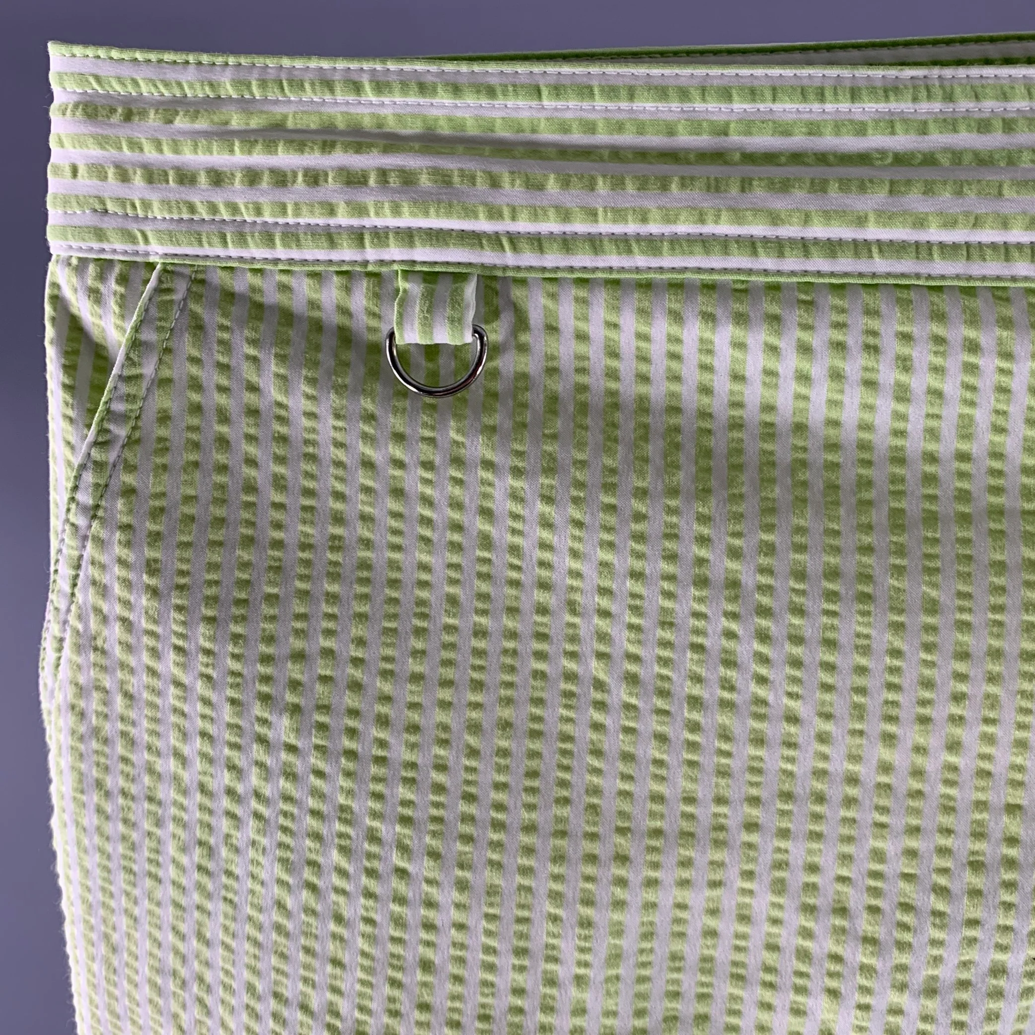 MR TURK Size 36 Green White Stripe Polyamide Blend Seersucker Short Swim Trunks - Image 2