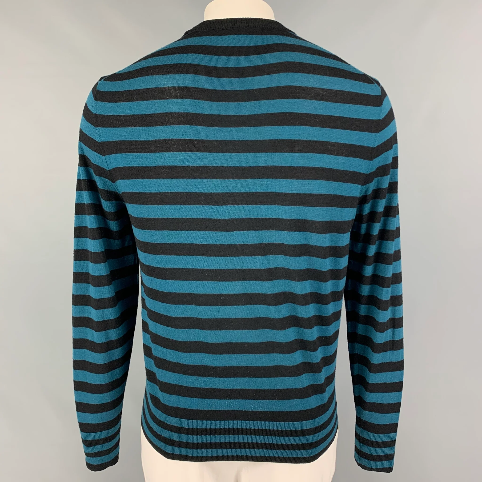 MR TURK Size L Teal Black Stripe Merino Wool Crew-Neck Pullover - Image 3