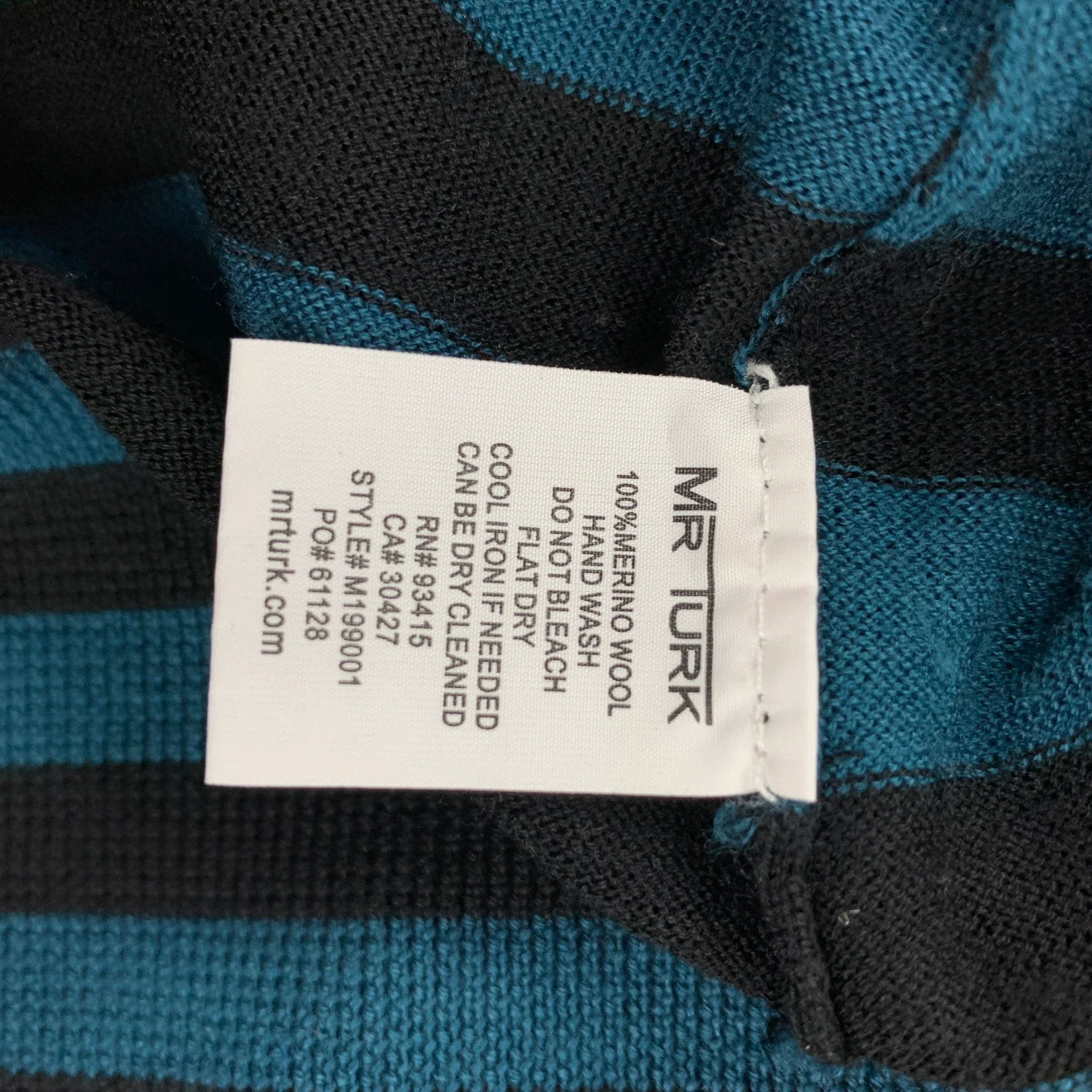 MR TURK Size L Teal Black Stripe Merino Wool Crew-Neck Pullover - Image 4