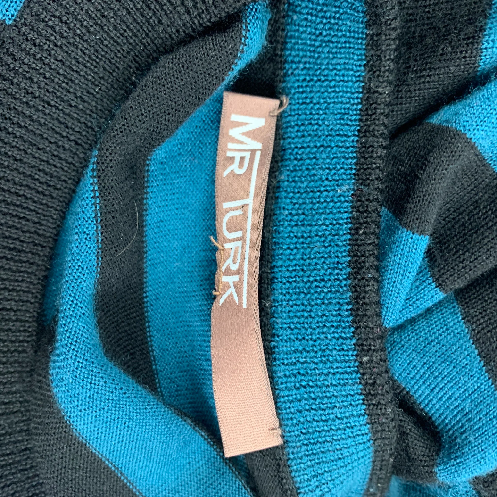 MR TURK Size L Teal Black Stripe Merino Wool Crew-Neck Pullover - Image 5